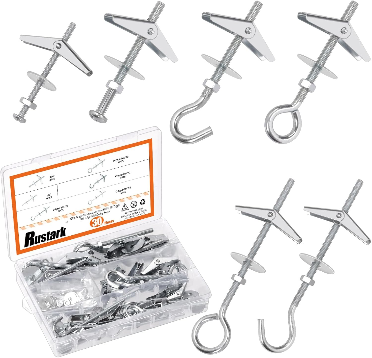 30Pcs M4 M6 Toggle Bolts Assortment Kit Toggle Anchors Spring Toggle Wing Bolts Heavy Duty Eye Bolt and Ceiling Hooks Butterfly Toggle Anchors for Drywall Hanging Plants image number 3