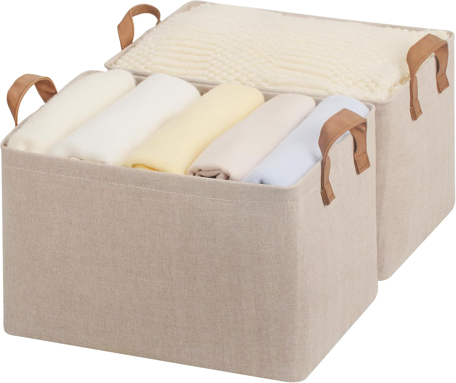 Storageworks Storage Bins, Shelves Baskets for Organizing, Large Fabric Closet Organizers with Handles, Metal Frame, Gray and White, 2-Pack