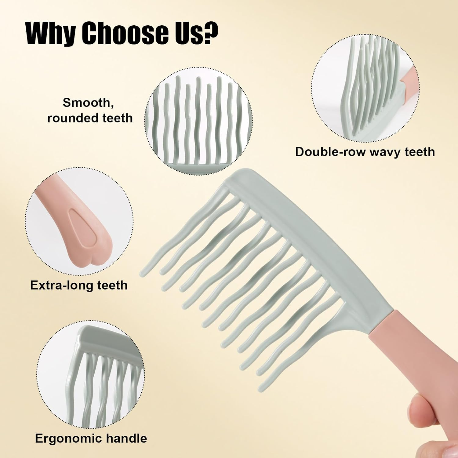 Fukaisu 2Pcs Wide Tooth Curly Hair Comb, Detangling Hair Brush with Double Row Wavy Tooth Design for Long/Thick Dry/Soggy Hairs for Women/Girl(Green)