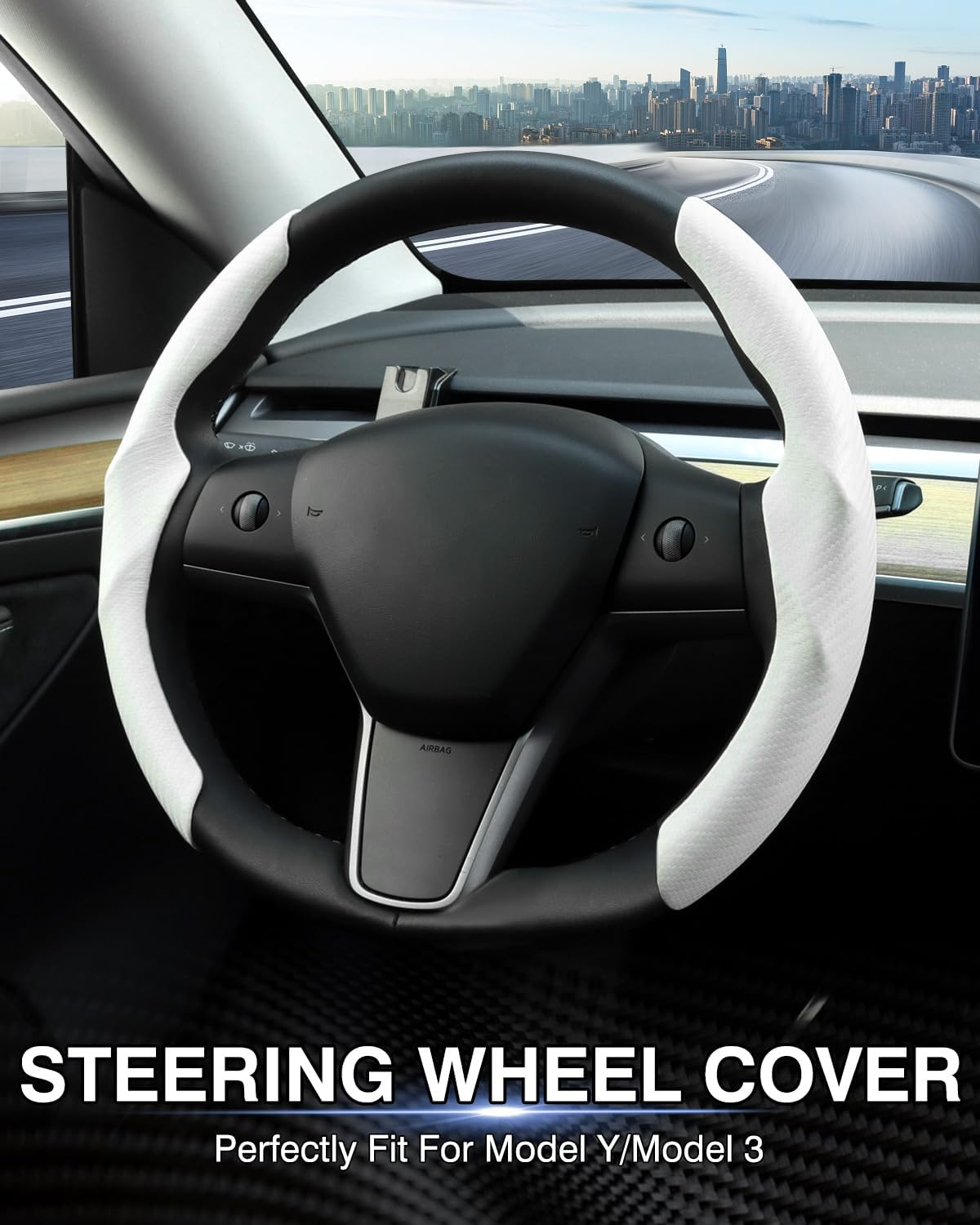 Carbon Fibre Steering Wheel Cover for Tesla Model 3/Y 2016-2025, Anti-Slip, Comfortable Grip, Breathable, White