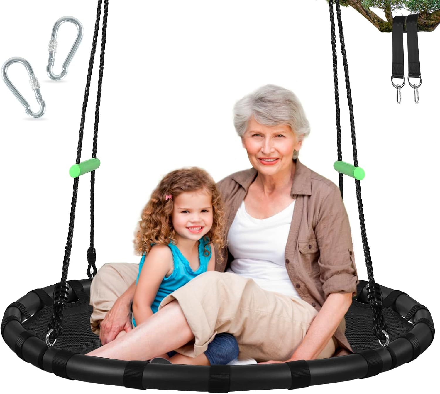 Black Hanging Tree Swing with Detachable Frame,Pp Mat,Adjustable Multi-Strand Ropes,Safe and Durable Saucer Swing for Yard Garden Playground Park (40 Inch Diameter, Black with Extra Strap) image number 1