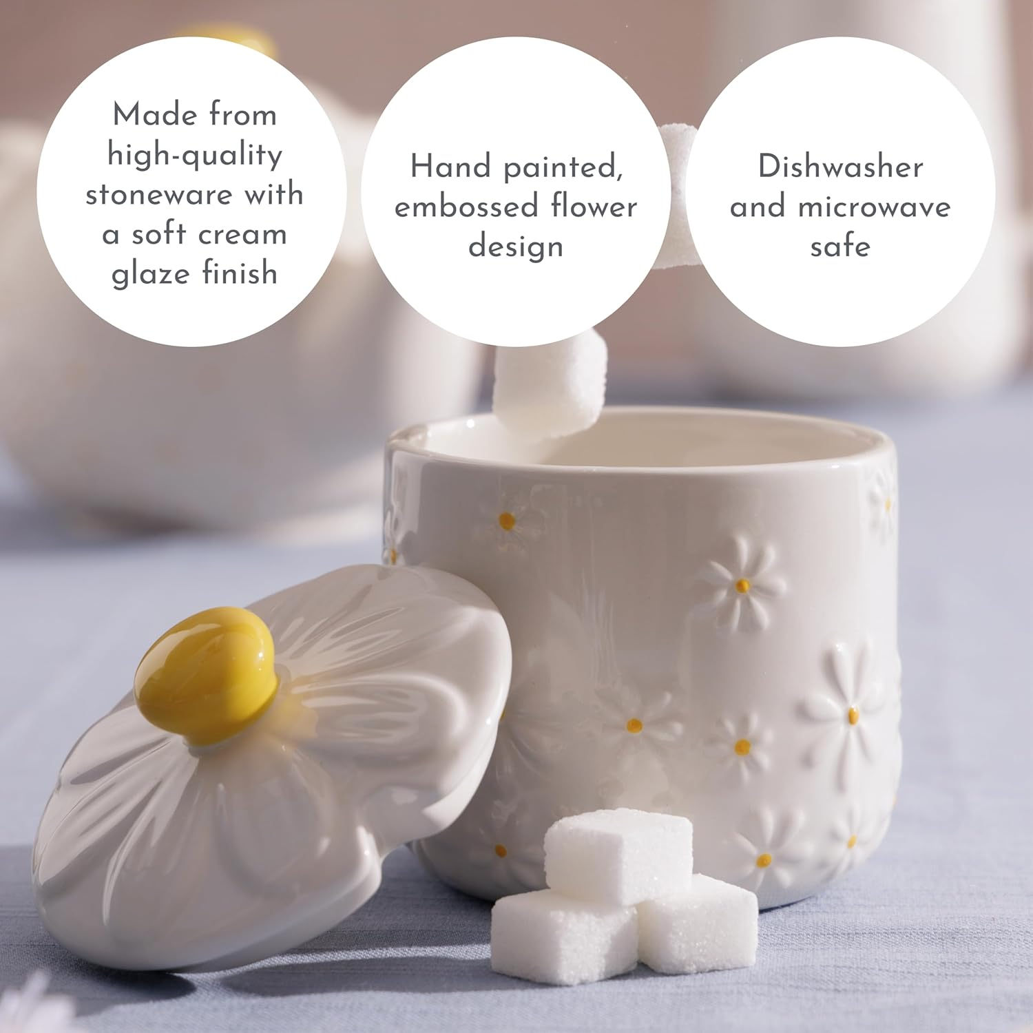 Price & Kensington Daisy Sugar Bowl | Ceramic Sugar Bowl with Embossed Daisy 3D Lid | Hand-Painted Yellow Handle | Cream Glaze | Kitchen Storage Bowl image number 2