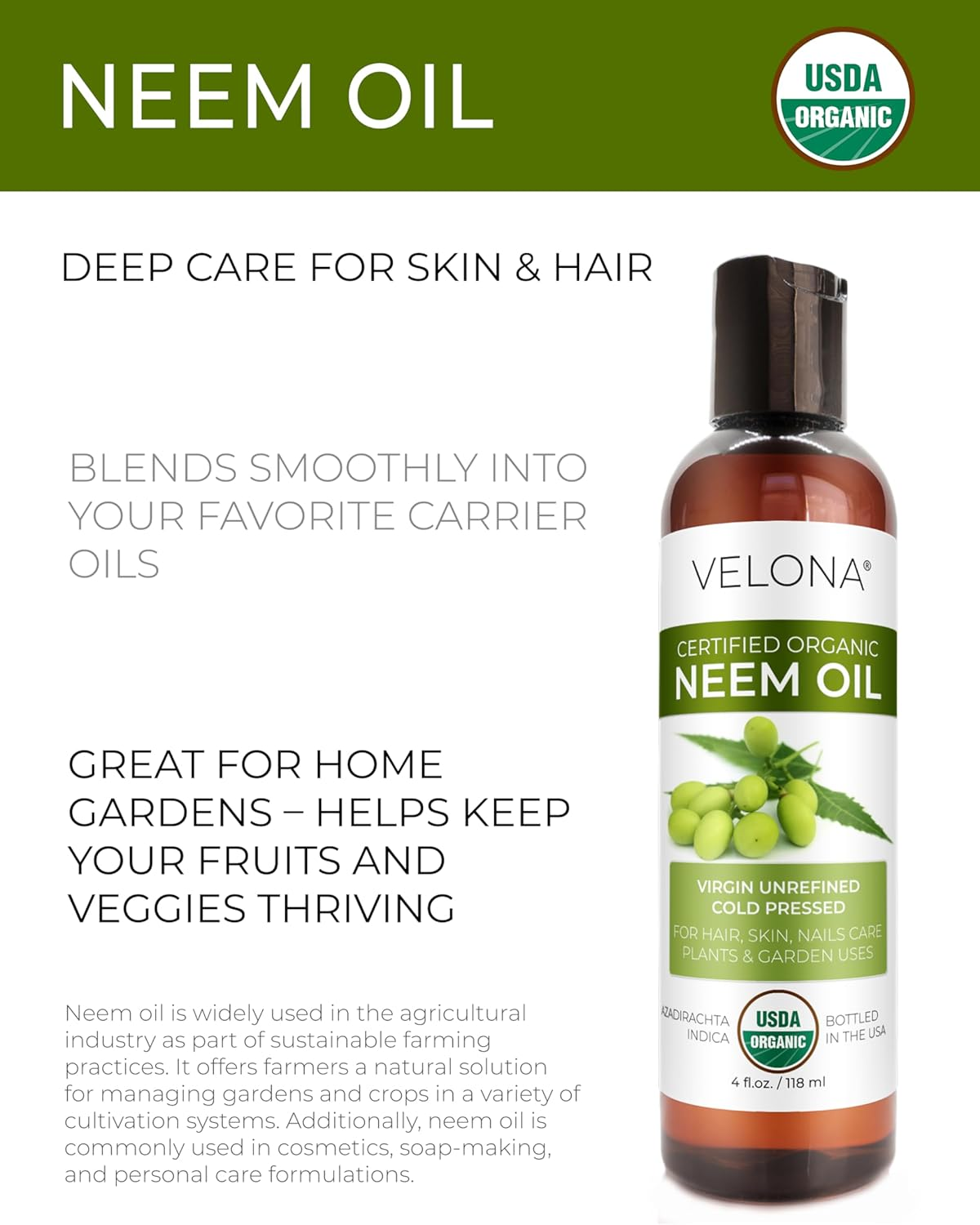 Velona Neem Oil USDA Certified Organic - 4 Oz | 100% Pure and Natural Carrier Oil | Virgin, Unrefined, Cold Pressed | Hair, Body and Skin Care | Use Today - Enjoy Results image number 2