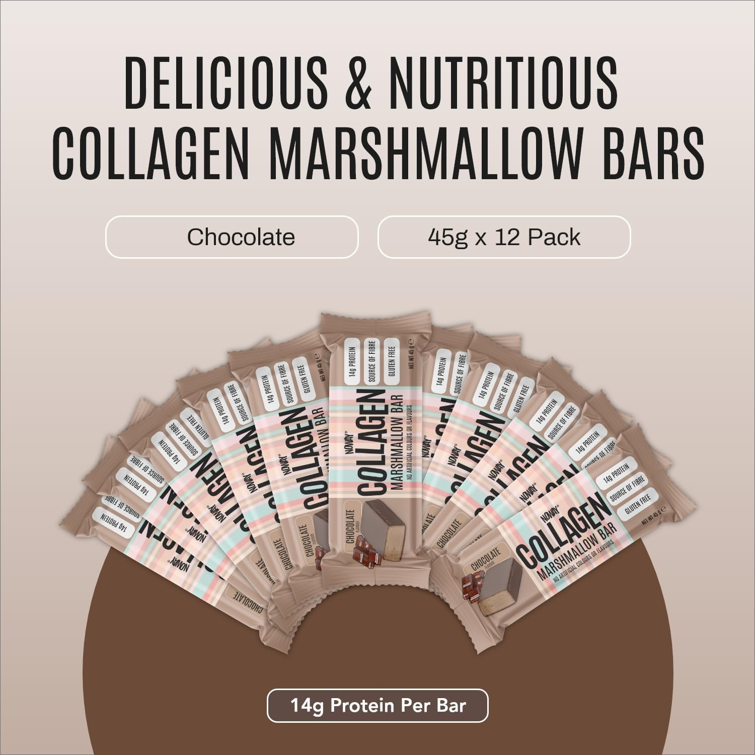 NOWAY&reg; Collagen Marshmallow Protein Bars, Protein Snack, Gut-Friendly Protein Bar, Contains Protein and Fibre, Gluten-Free. Soy-Free, Nut-Free Flavour: Chocolate, Pack of 12 image number 5