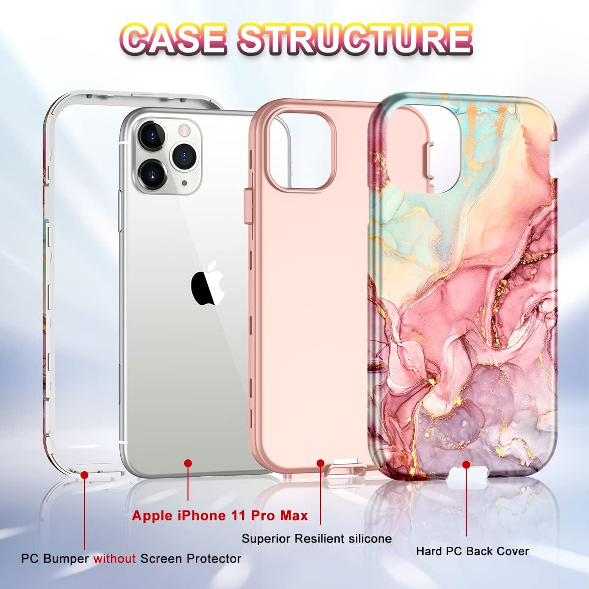 Btscase for Iphone 11 Pro Max Case 6.5 Inch,Marble Pattern 3 in 1 Heavy Duty Shockproof Full Body Hard Pc+Soft Silicone Drop Protective Women Girls Cover for Iphone 11 Pro Max, Rose Gold image number 1
