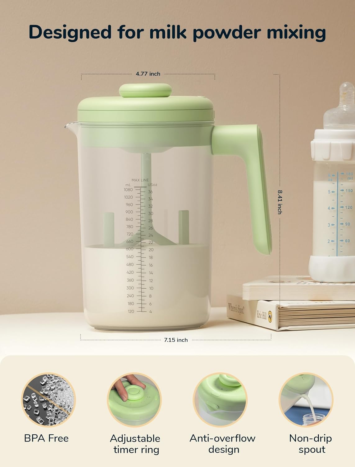 Nehneh Baby Electric Baby Formula Mixing Pitcher, Bi-Directional Alternating Stirring | No Air Bubble | No Clumps | No Drip Spout | Spill-Free Lid | Infant Formula Pitcher Mixer 36Oz, BPA Free -Green image number 6