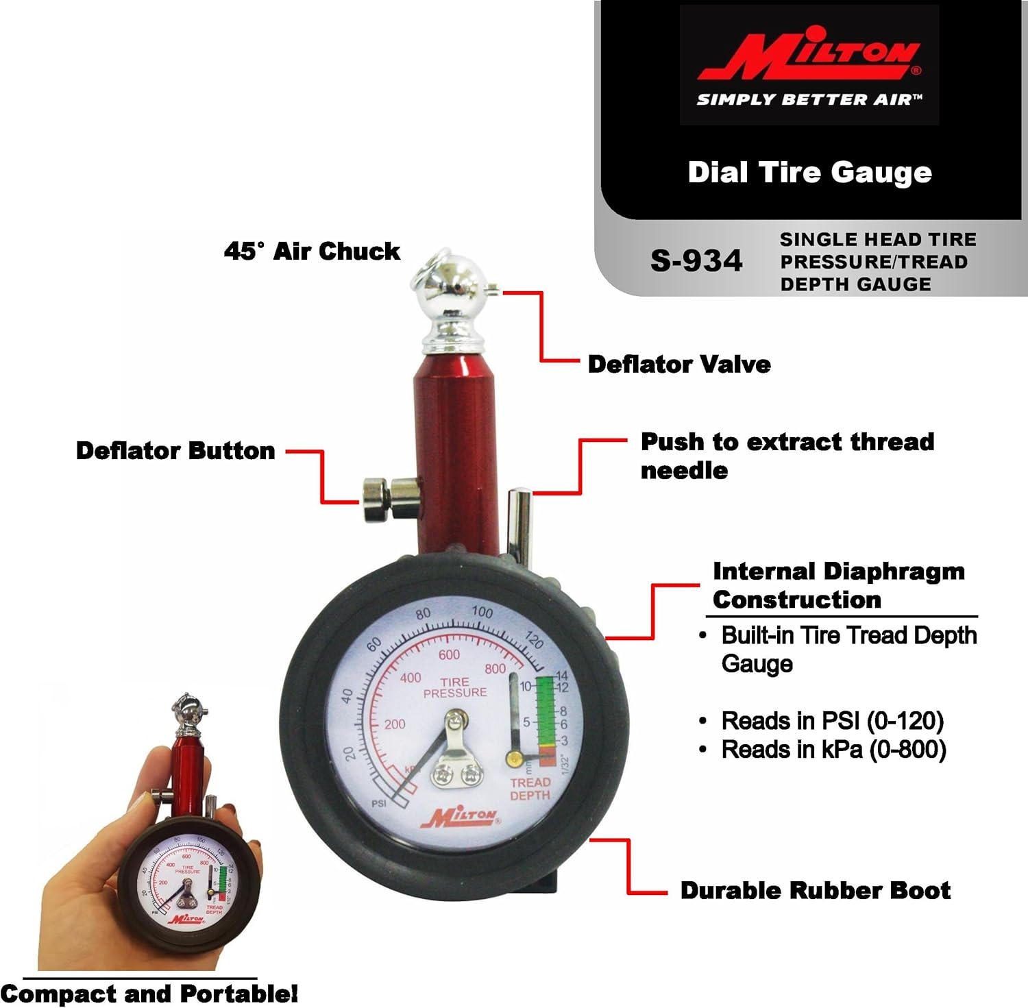 Milton (S-934 Dial Tire Pressure Gauge - Single Head Tire Tread Depth Gauge