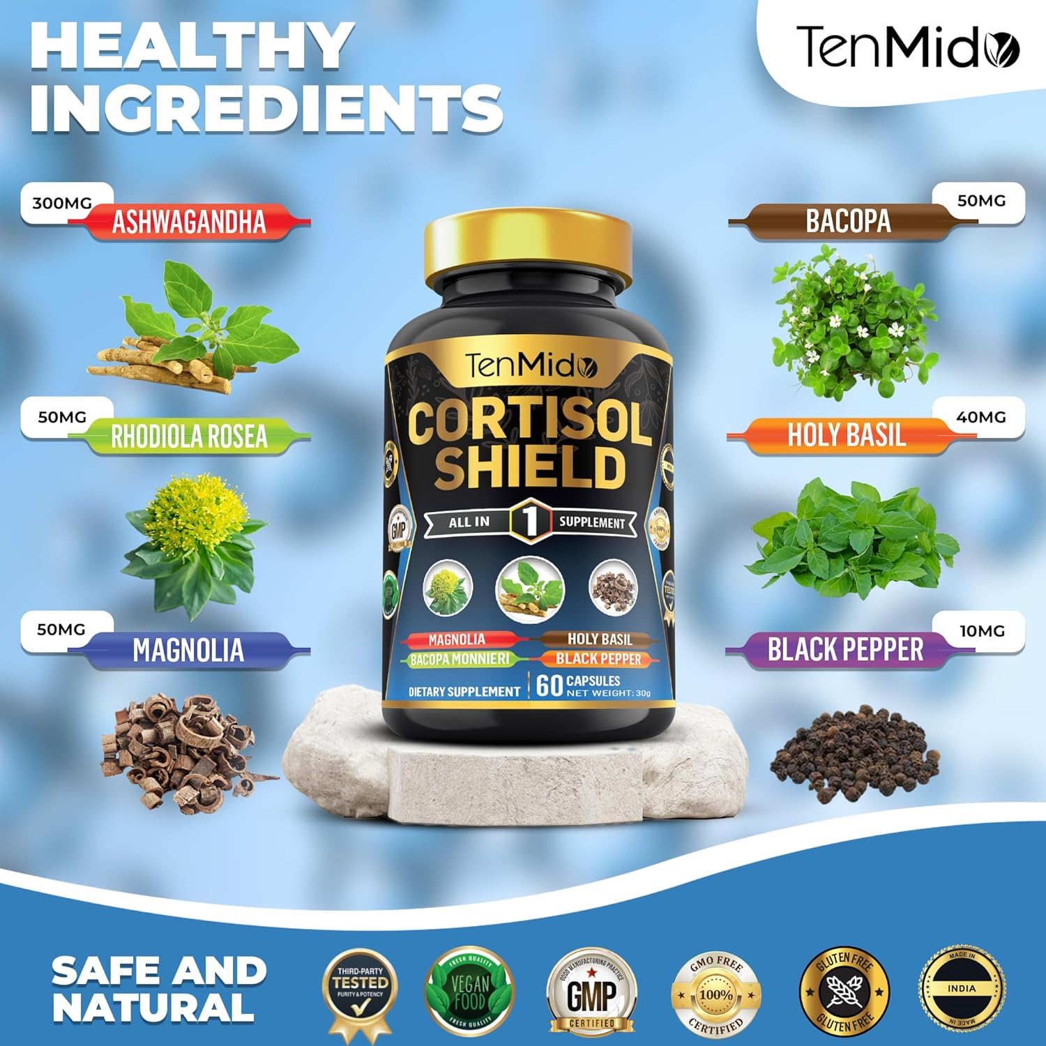 Cortisol Shield Supplement - 6In1 with Ashwagandha, Rhodiola Rosea, Magnolia, Bacopa, Holy Basil & Black Pepper - 60 Vegan & Non-Gmo Capsules image number 2