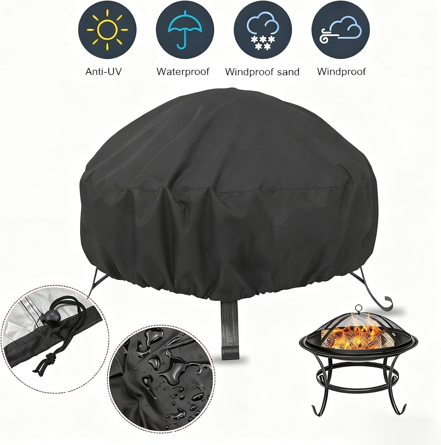 Fire Pit Cover | Weatherproof Dust-Proof,Waterproof Outdoor Fire Pit Cover,For Sunlight Snow Leaves Debris Grilling Barbecue Cooking Burning Bonfire - 122&times;46Cm image number 6