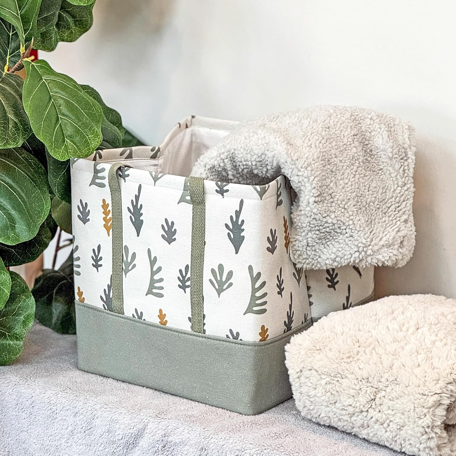T&T Homewares, Storage Bin, Laundry Basket, Canvas Fabric Collapsible Organizer Basket for Laundry Hamper, Size:( L X W X H) 30 X 30 X 30 (Green Leaves) image number 1