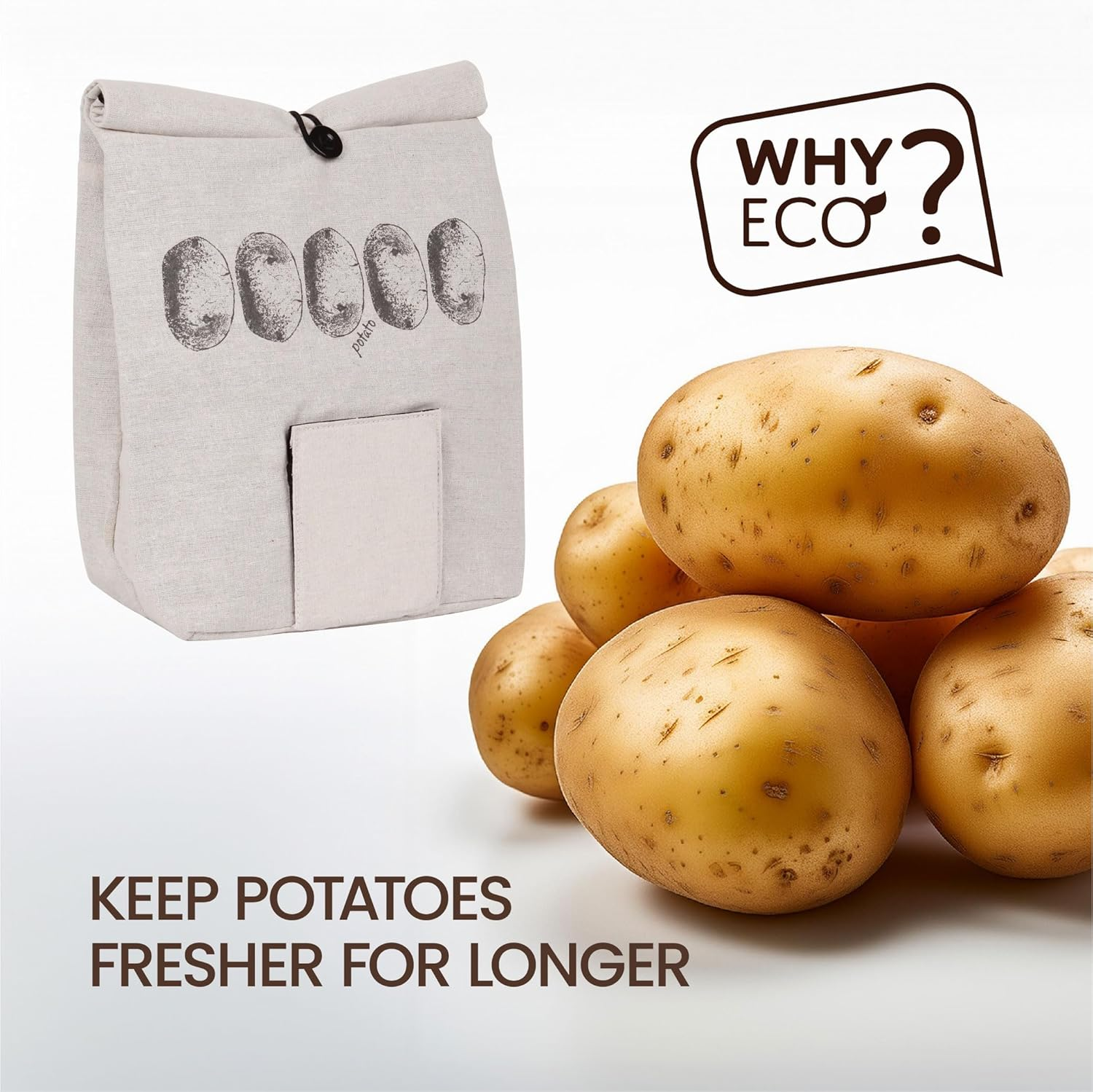 Eco Basics Potato Bag &ndash; Breathable Linen Look with Blackout Lining, Roll over Top, Button Tie, Easy Access Flap, Reusable Storage Solution for Potatoes & Root Vegetables image number 2
