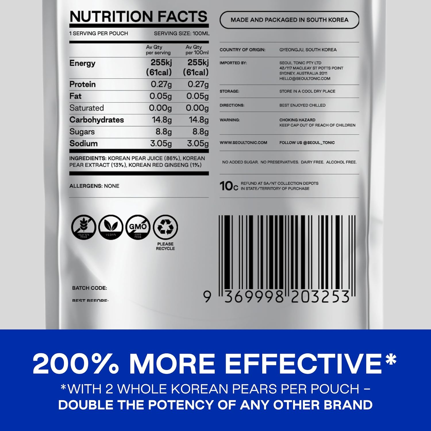 Seoul Tonic Korean Pear Recovery Tonic (100 Ml), Patented "Pre Drinking" Tonic, All Natural, Targets Hangovers & Rehydration, Double Potency than Competitor, 250Mg Natural Potassium & DHM to Reduce Alcohol Toxins - 1 UNIT image number 3