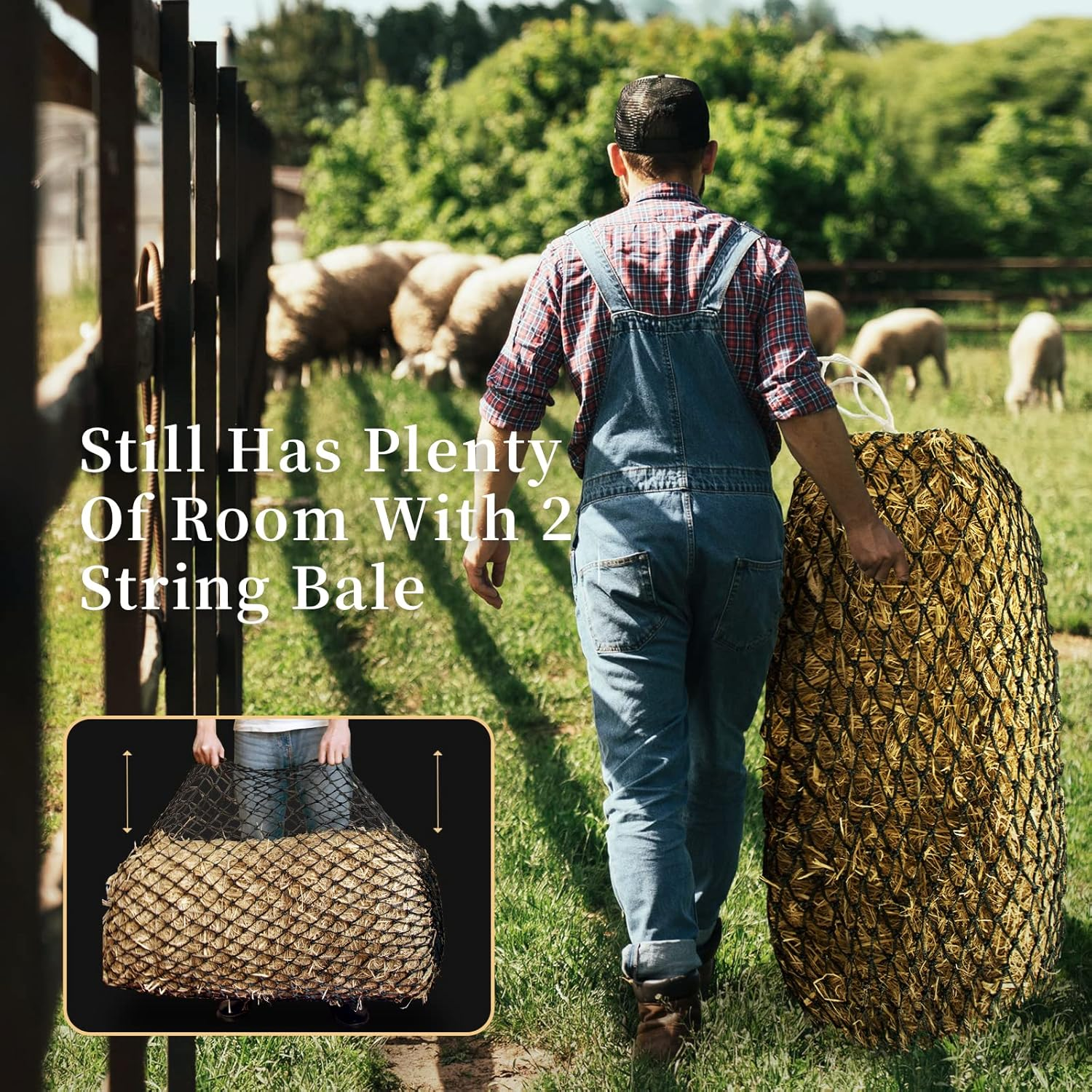 Bloomoak Slow Feed Hay Net for Horses, Durable Black PE, Fits 2 Hay Bales (91X46X46 Cm), Extends to 127 Cm, 4 Cm Holes image number 6