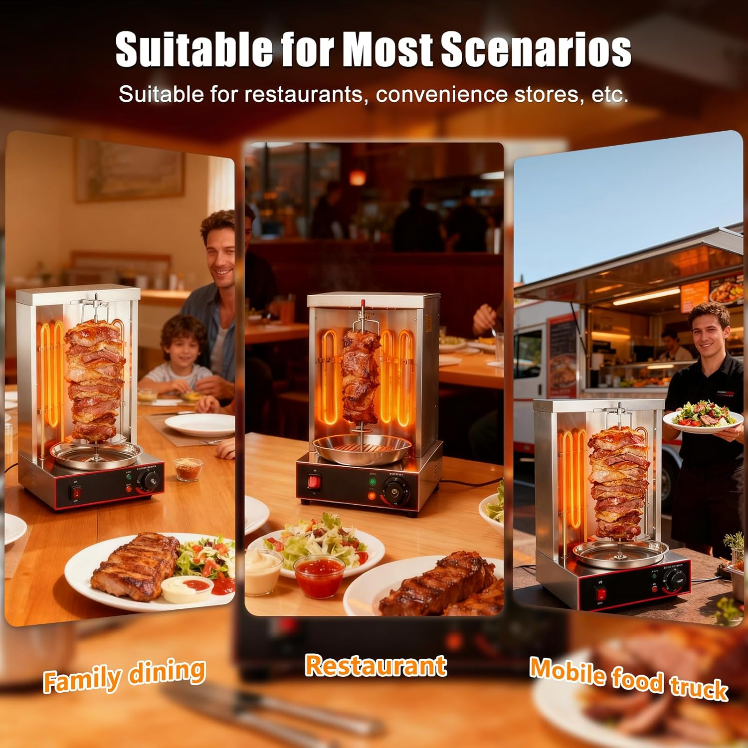 Electric Shawarma Grill Machine, Automatic Rotating BBQ Doner Kebab Grill, Vertical Rotisserie Broiler with 2 Heating Tubes, Gyro Rotisserie Oven with Adjustable Temperature 50-300&deg;C image number 4