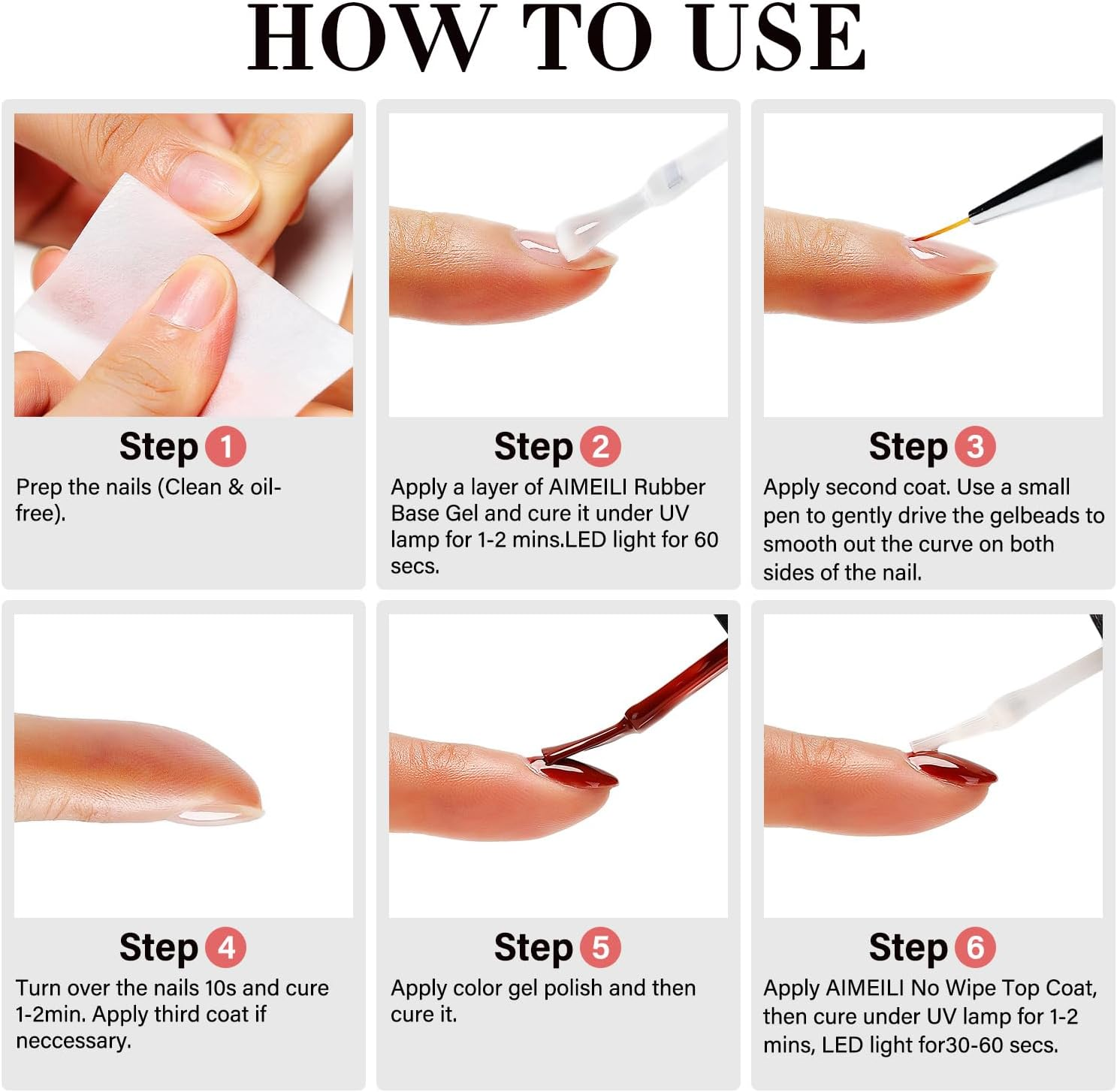 AIMEILI Rubber Base and No Wipe Top Coat Kit Set 10Ml Hema Free Gel Nail Polish Soak off U V LED 2 Bottles Kit