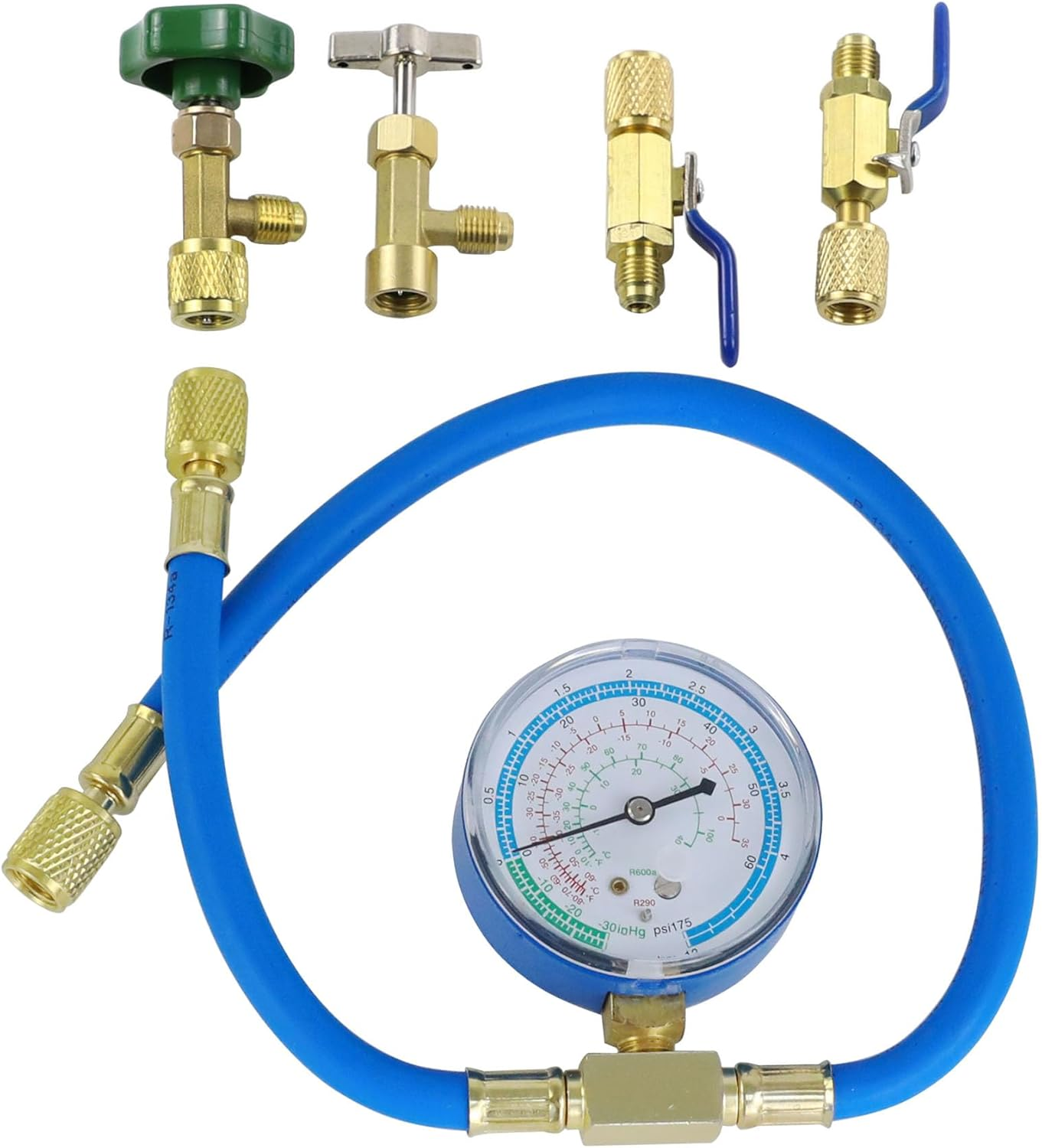 Wisepick R290 and R600A Charging Hose and Gauge Set with Can Tap and BPV31 Bullet Piercing Valves image number 1