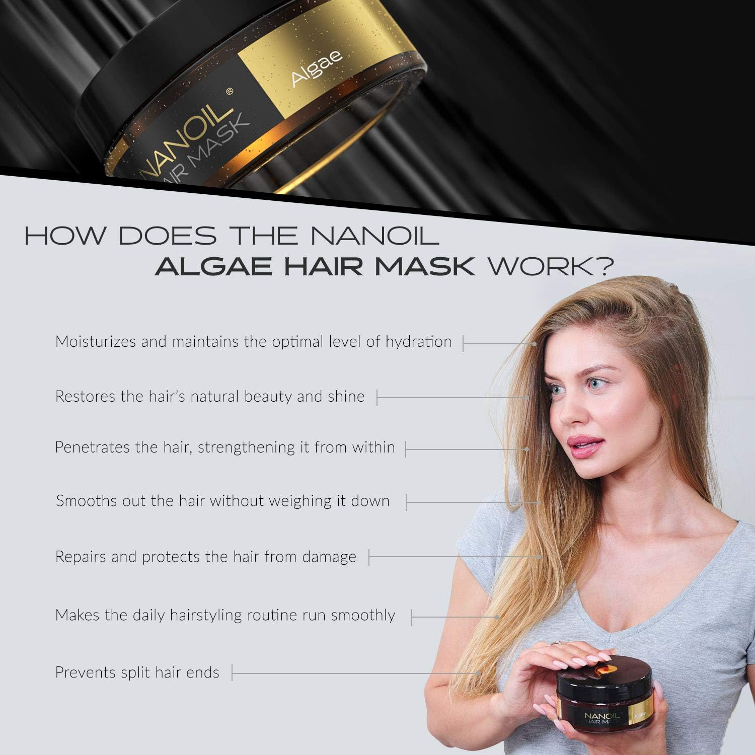 Nanoil Hair Mask with Algae - Hair Mask 300 Ml Regeneration Moisture Suppleness Aid against Dry Hair image number 3