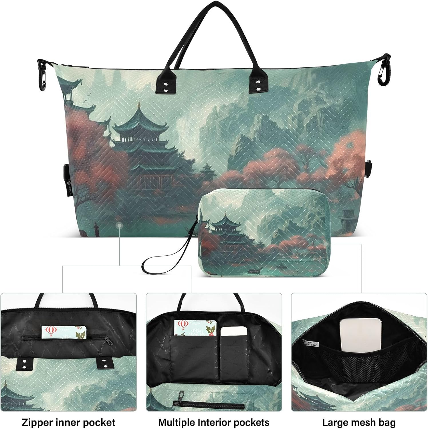 XYMZR Large Travel Duffel Bag, Building Chinese Style Sports Tote Gym Bag, Shoulder Weekender Overnight Bag for Women Men, Carry on Luggage with Toiletry Bags, Multi-Colored, Multi-Colored image number 2