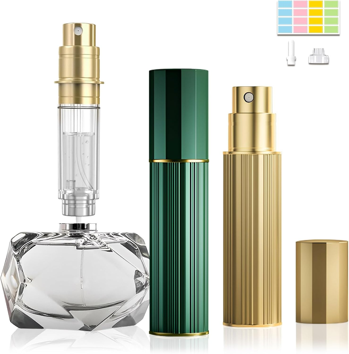 JOOMOKO Perfume Filler 10 Ml Perfume Atomiser Refillable Empty Perfume Bottles Perfume Atomiser for Travel, Perfume Travel Atomiser Perfume Bottles Atomiser for Women Men (Gold & Green)