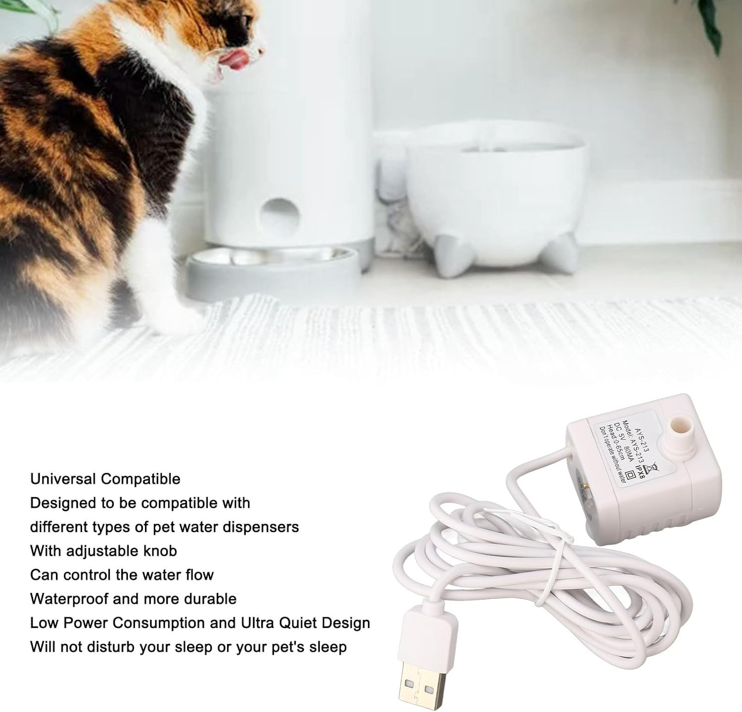 Mini Cat Fountain Pump, USB Powered, Removable Brushless 5V DC Motor, Prevents Dry Burning, Adjustable Flow, Pet Water Fountain Pump for Replacement image number 6