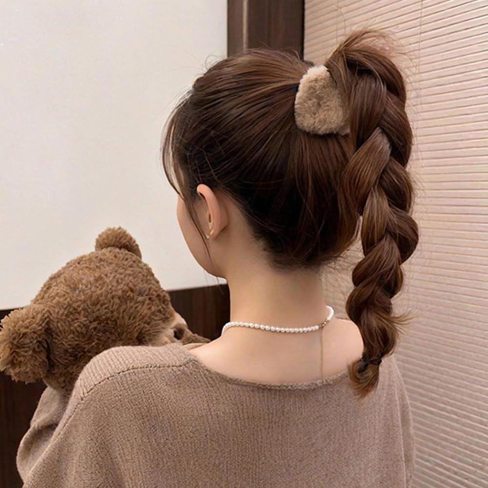 4Pcs Cute Plush Cat Ears Shape Hair Claw Clips Winter Plush Hair Clips Soft Non Slip Claw Clips Small Bangs Barrettes Beige Brown Hair Clip Fashion Fuzzy Claw Clip Hair Accessories for Women and Girls image number 5