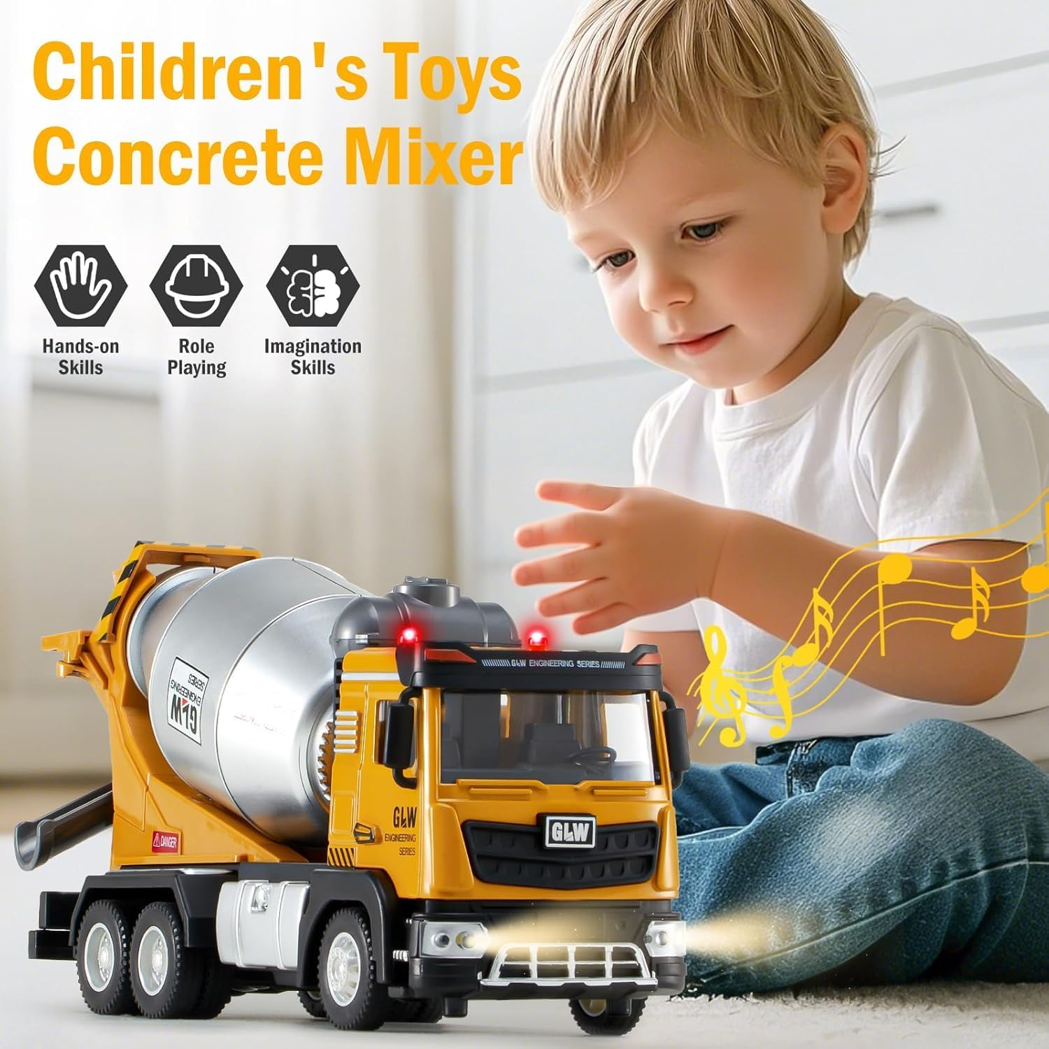 Uandhome Construction Cement Mixer Toy Truck for Boys,Alloy Realistic Pull Back Truck with Lights and Sound, Perfect Birthday for Toddlers Kids Ages 3-8 (Cement Mixer Truck) - Exacavator Truck image number 5