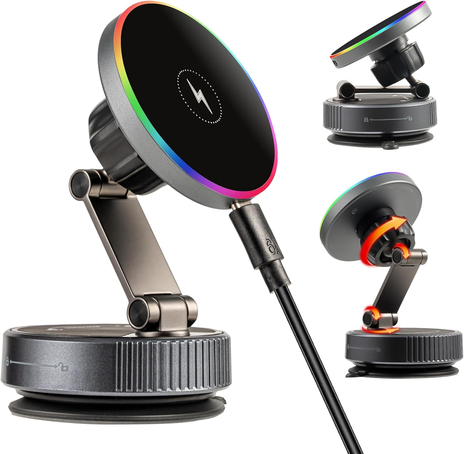 Car Phone Holder Charger-15W Fast Wireless Charging, 360&deg; Rotation Adjustable Magsafe Car Mount, 120LBS Strongest Vacuum Suction, 2800Gf Strong Magnetic Phone Holders for Iphone & Android image number 4