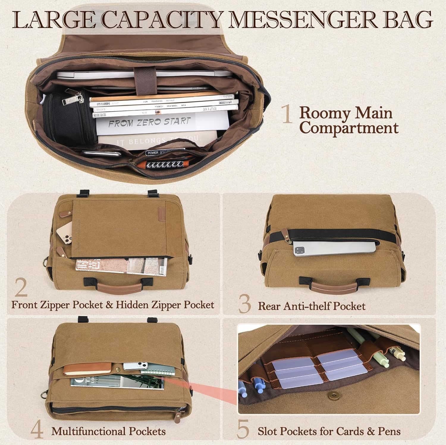 Messenger Bag for Men 17-17.3 Inch Laptop Bag Water-Resistant Canvas Computer Shoulder Bag Office Work Briefcase Large Casual Satchel Bags for Men Bookbag for College - Khaki image number 3