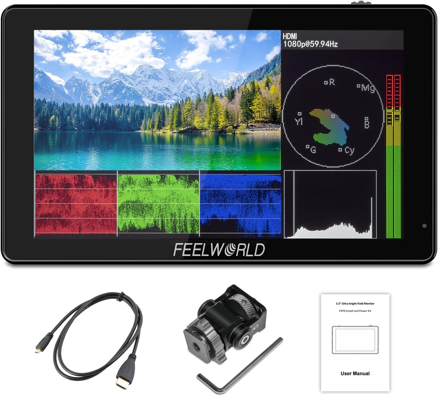 FEELWORLD LUT5 5.5 Inch 3000Nits Ultra Bright DSLR Camera Field Monitor Auto Dimming Touchscreen HDR 3D LUT with Waveform F970 External Power and Install Kit 4K HDMI Input Output 1920X1080 IPS Panel image number 2