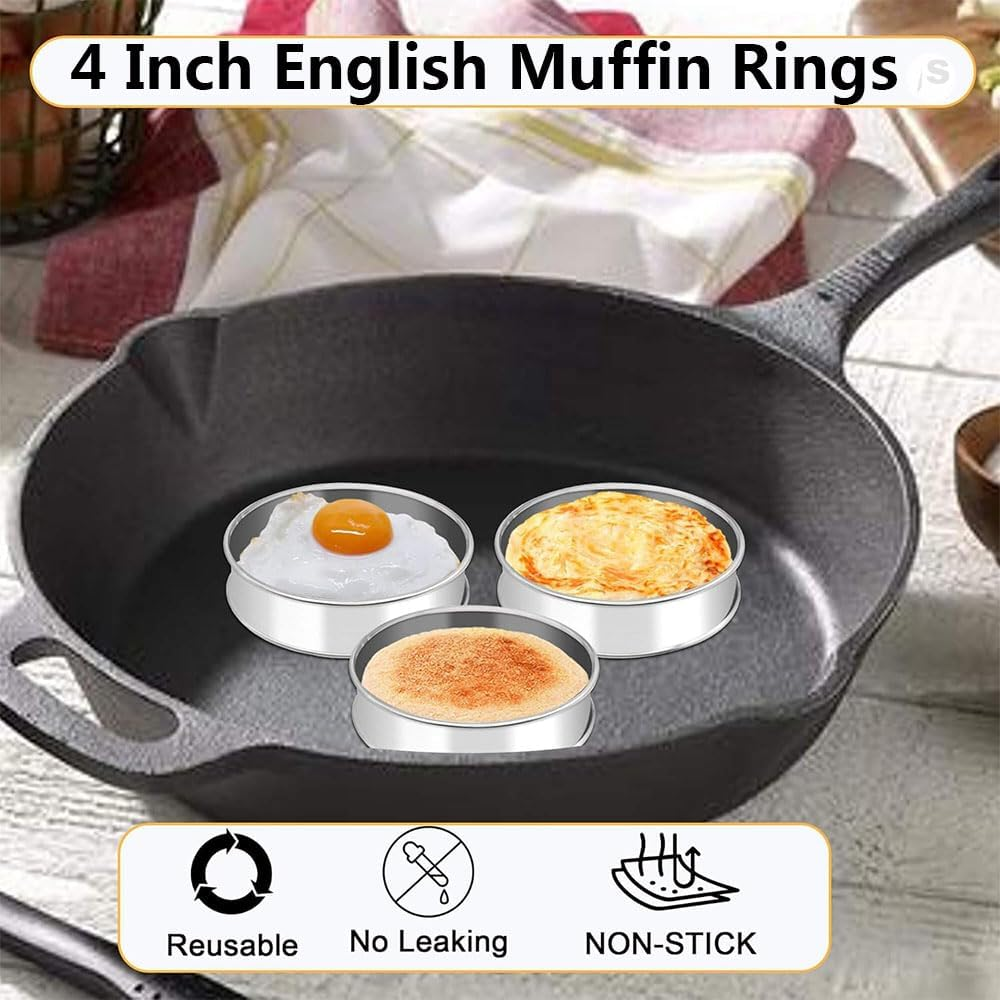 Aufondof 8 Pack 4 Inch Metal English Muffin Rings Double Rolled Nonstick Pastry Ring Mold Stainless Steel Muffin Tart Rings for Dessert Food Making Tool Kitchen Baking image number 1