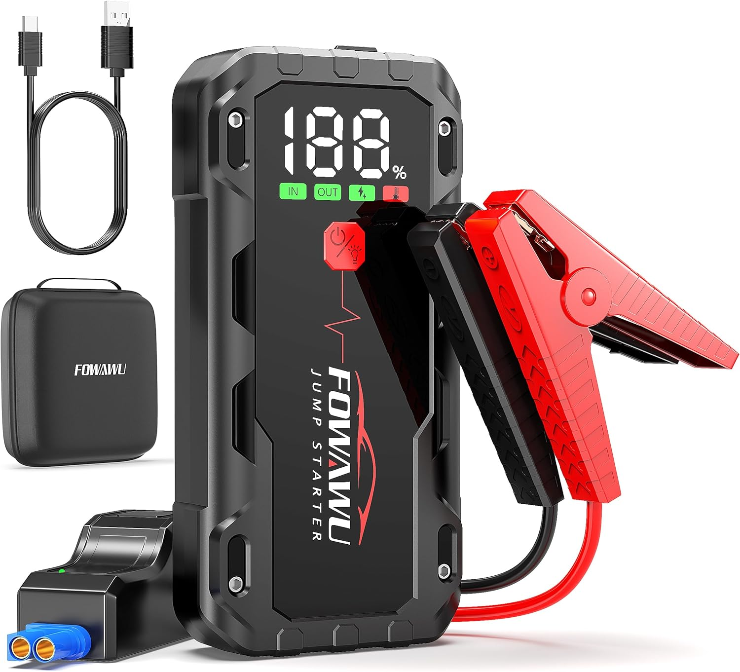 FOWAWU 26800 Mah 7000 a Peak Jump Starter for 12 V Vehicles (12 L Petrol / 10 L Diesel) and Moto, Car Battery Jump Starter Power Pack with Smart Jumper, 5 * 3.5 CM Large Screen and LED Torch
