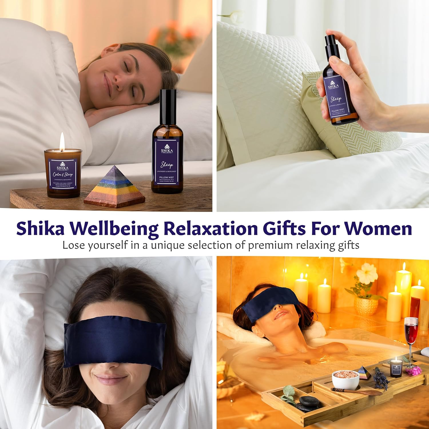 Shika Wellbeing LUXURY SLEEP WELL Pamper Gift Set for Women 100% Silk Lavender Eye Pillow, Pillow Mist, Aromatherapy Candle, Relaxing Bath Salts, 7 Chakra Pyramid Crystal MADE in UK image number 6