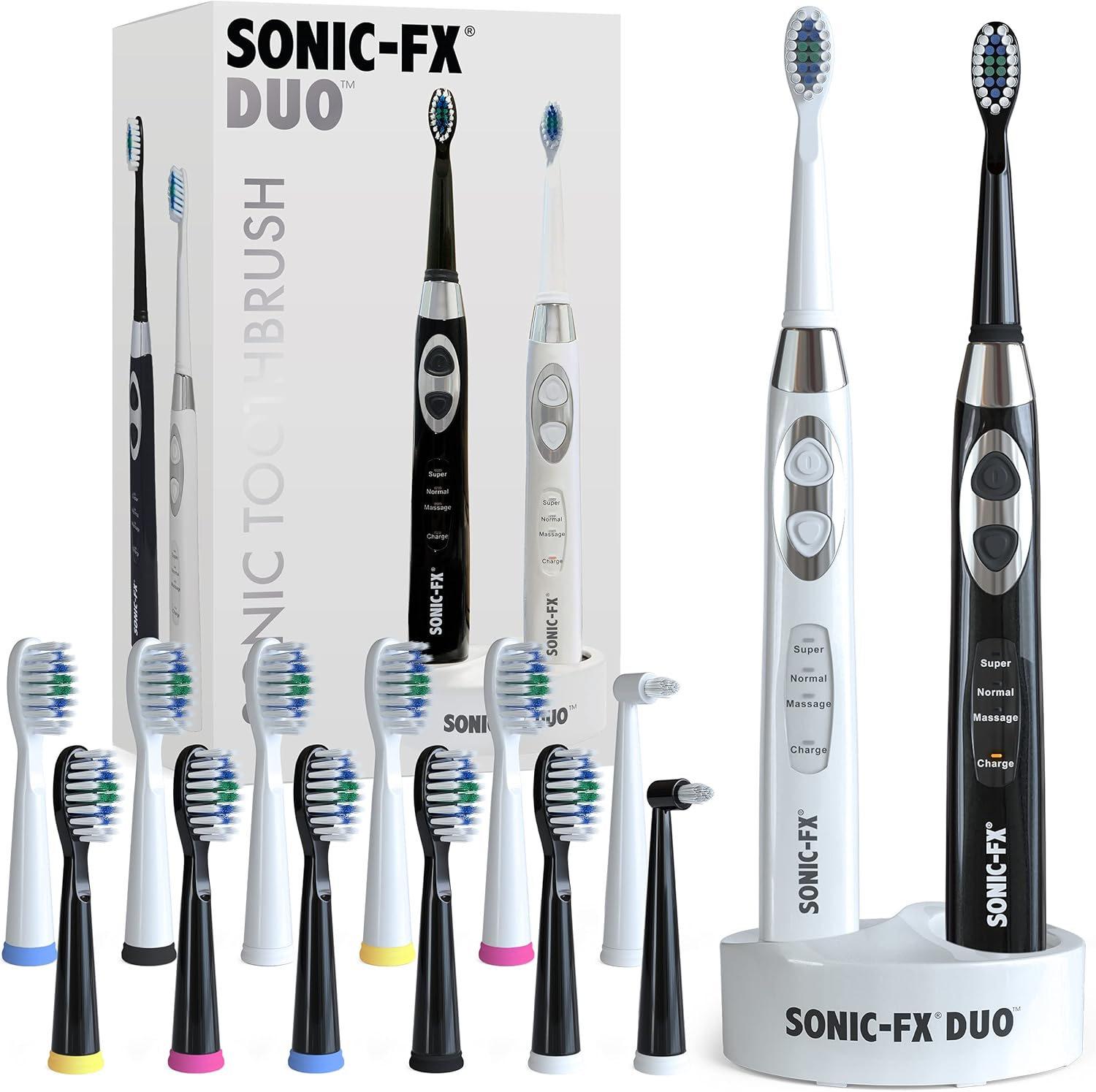 Sonic-Fx DUO Dual Handle Whitening Electric Toothbrushes - 3 Modes with Smart Timers - 12 Brush Heads & 2 Interdental Heads with Charging Dock (His & Hers)