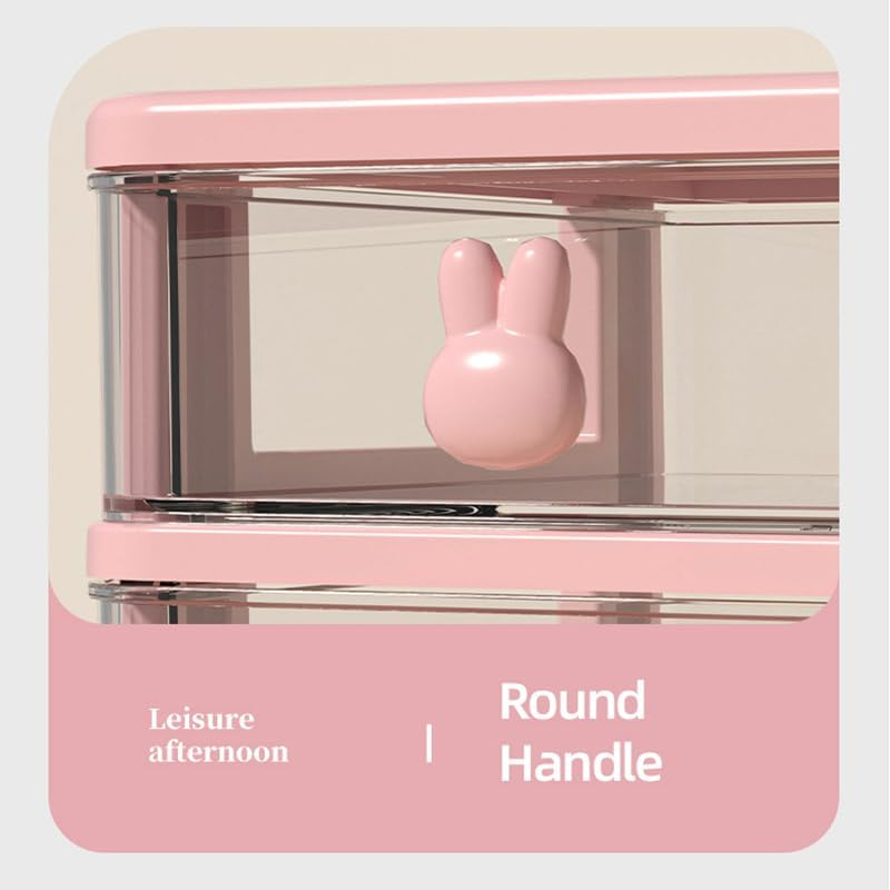 AIMALL Bunny Desktop Storage Box &ndash; Transparent Drawer Organizer for Students and Cosmetics, 3-Tier Plastic Finishing Box, 6.69 X 5.28 X 6.3 Inches, Pink/White image number 1