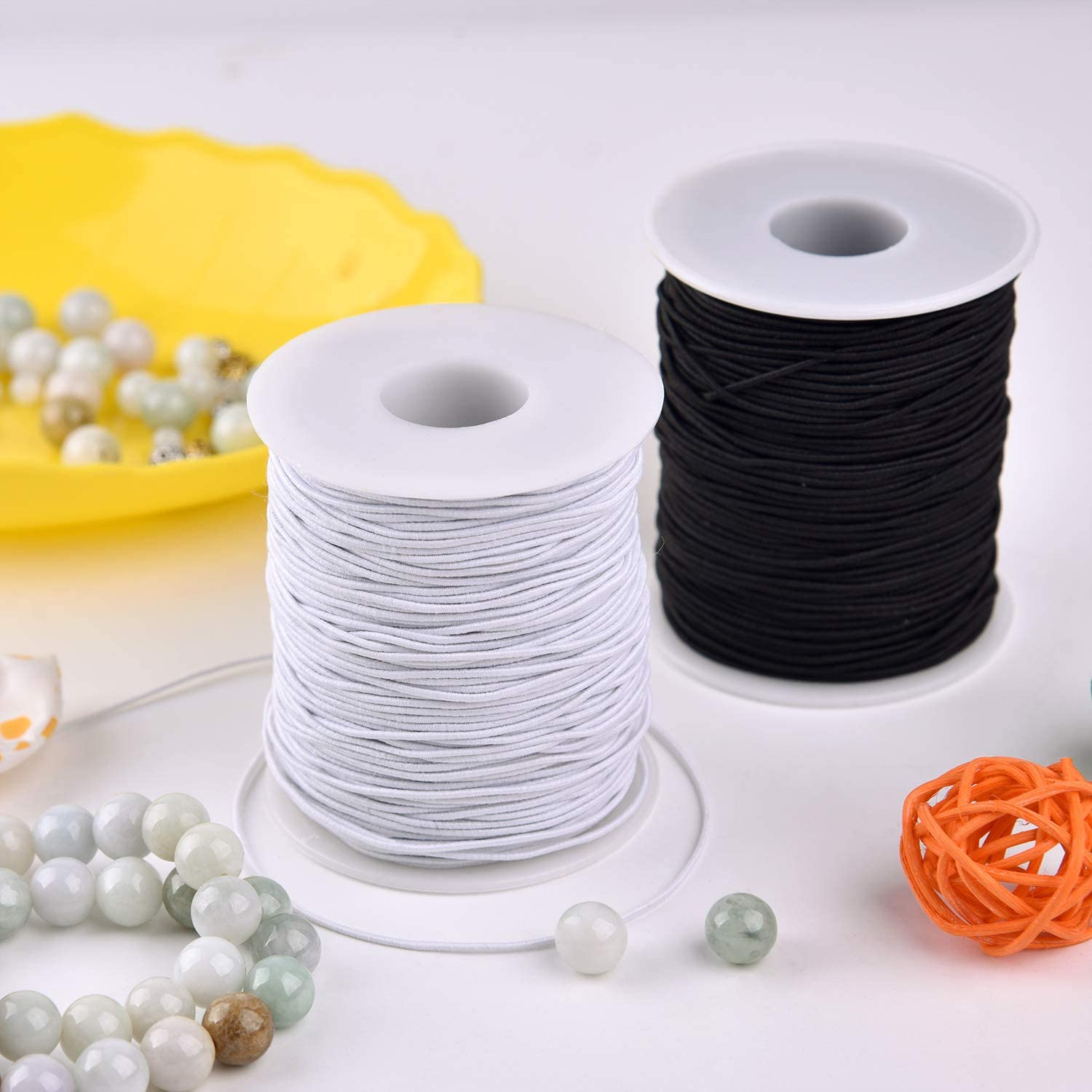 2 Roll 1 Mm Elastic String Cord Elastic Thread Beading String Cord for DIY Jewelry, Hair Ties Bracelets, Necklaces, Beading and Crafts 100 Metres/Roll(Color:White and Black) image number 2