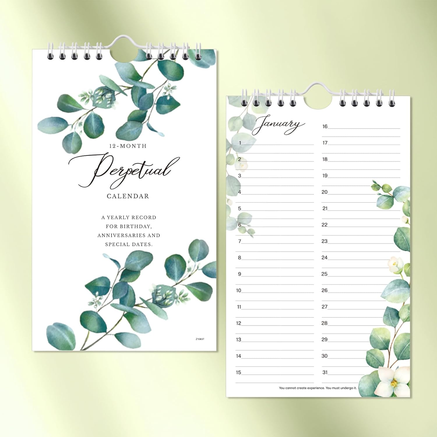 Perpetual Calendar - 12-Month Undated Calendar from Jan. to Dec., 6'' X10'' Perpetual Calendar with 2 Lines per Days, Reminding Anniversaries, Birthdays, Festivals, Birthday Reminder Book with Thick - Green Leaves image number 3