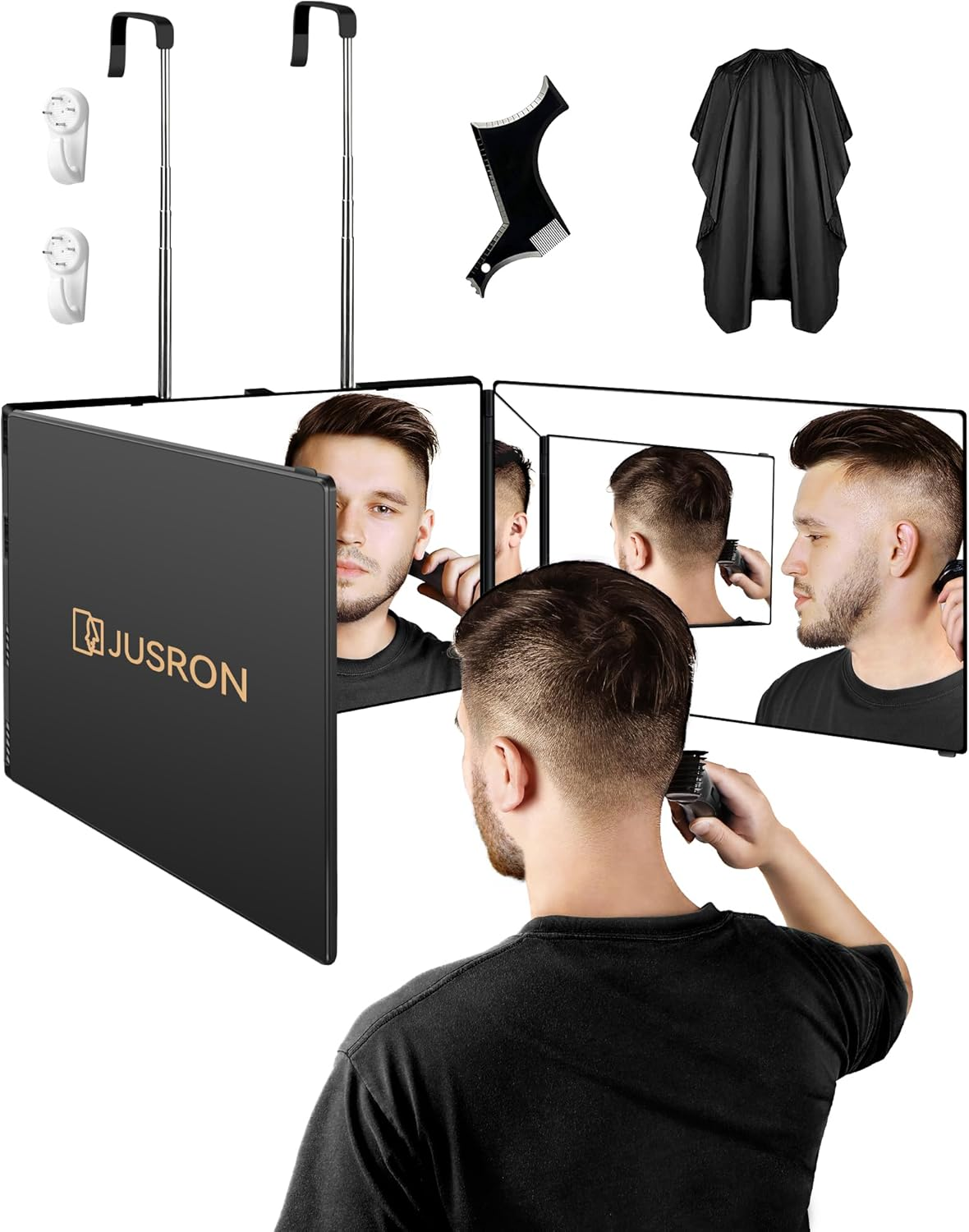 JUSRON 360 Viewing Angle Self Hair Cutting Mirror, Clear Anti-Fog HD Glass (Black without LED with Accessories) image number 3