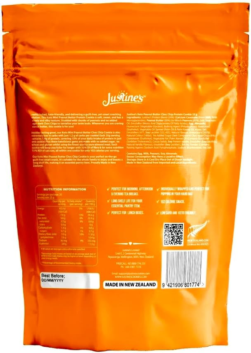 Justine'S Keto Mini Peanut Butter Choc Chip Protein Cookies, Low-Carb Snack - 500G