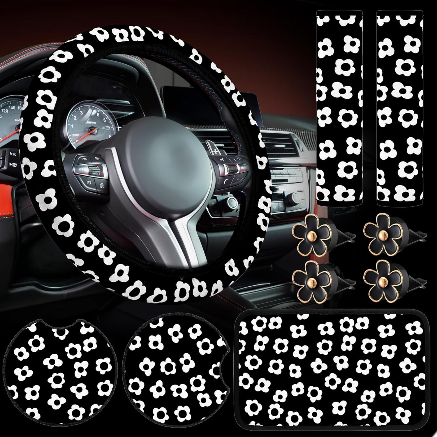 Frienda 10 Pcs Vintage Groovy Car Accessories Set - Floral Steering Wheel Cover, Air Vent Clips, Center Console Armrest Cushion, Car Cup Mats, Seat Belt Covers (Green, White)