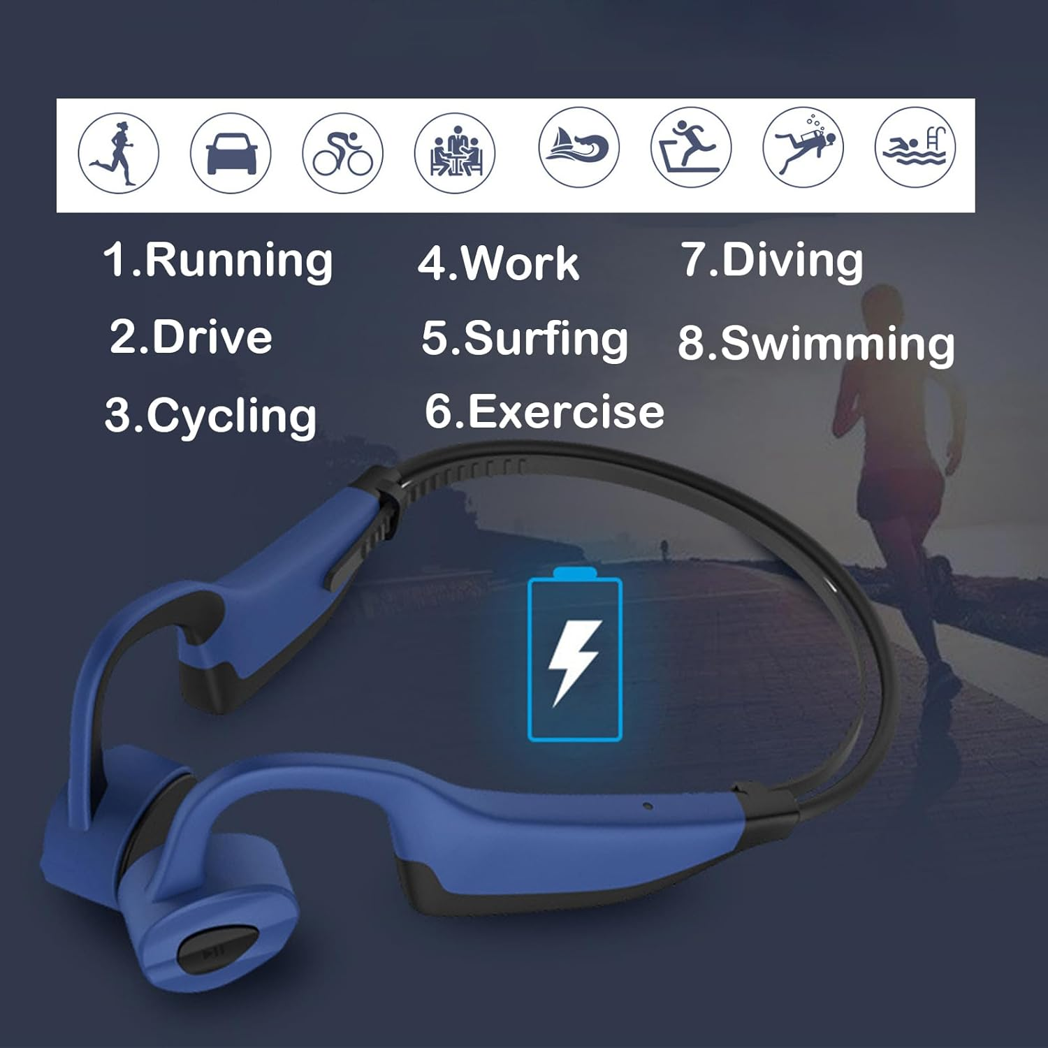 Bone Conduction Headphones, Wireless Bluetooth Headphones Universal Compatible with Android Iphone, Waterproof Open Ear Earphones Headset Hi-Fi Stereo Sound for Swimming Gym Running, Blue image number 4