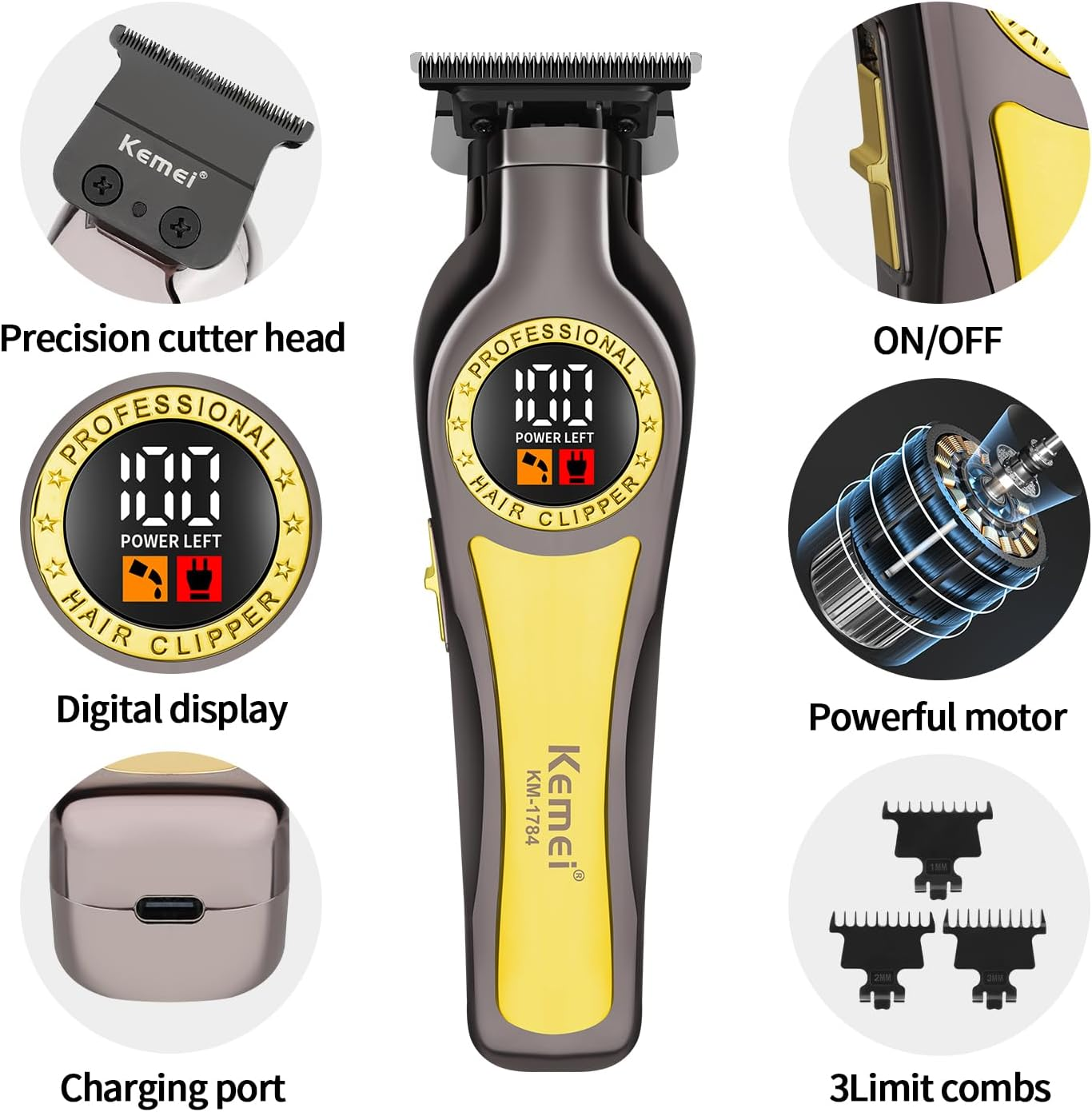 KEMEI 1784 Professional Hair Trimmer for Men, Wireless Electric Beard Trimmer, Zero Gapped T-Blade Hair Trimmer with LED Indicator and 3 Guide Combs image number 2