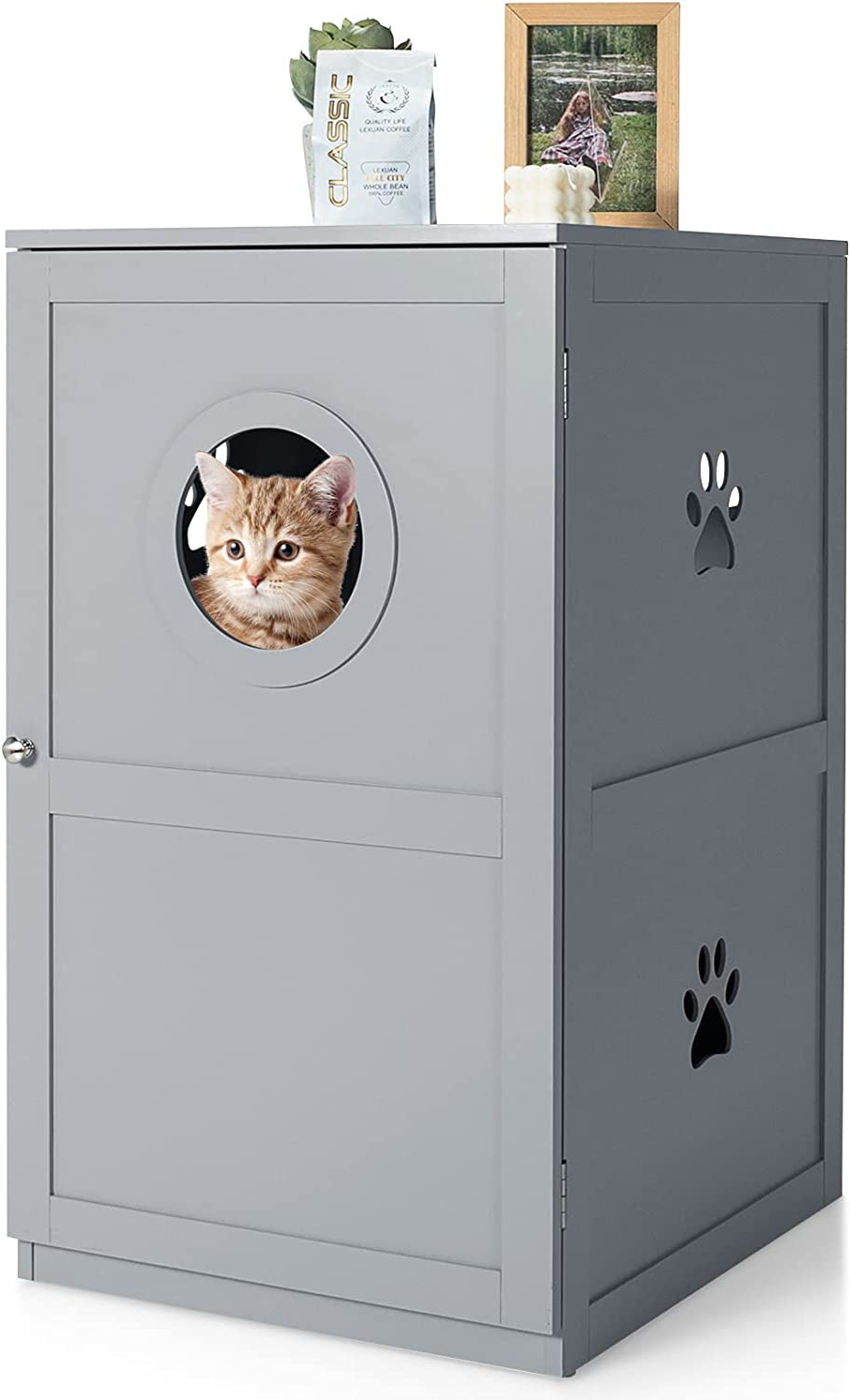 Costway 2-Tier Litter Box Enclosure, Cat House Bench W/Anti-Toppling System & Openable Door, Privacy Cat Washroom W/Multiple Vents & Entrance Hole, Side Storage Cabinet, Home, Pet Store (Black)