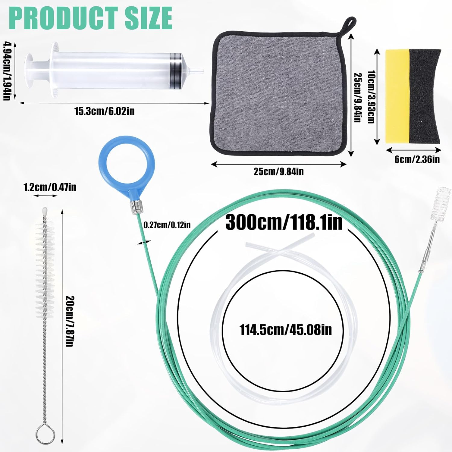 Auto Sunroof Drain Cleaning Tool, Include 118In Long Tube Cleaner, Cloth, Cleaning Brush, Sponge, Syringe & Syringe Hose, Soft Pipe Cleaners Use for Car Wiper Sunroof Trunk Drains Hole image number 1