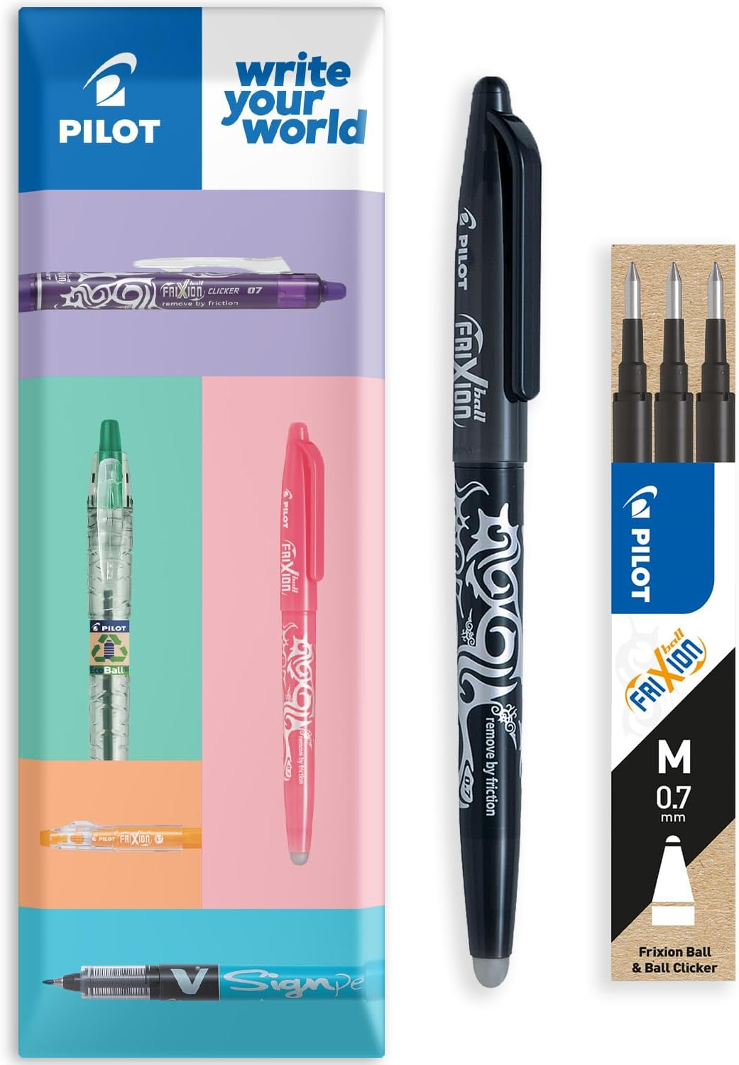 Pilot Frixion Heat/Friction Erasable Rollerball Pen FR7 - Medium Line 0.7Mm Tip Nib - Wallet Pack of 1 Pen + 3 Refills (Blue)