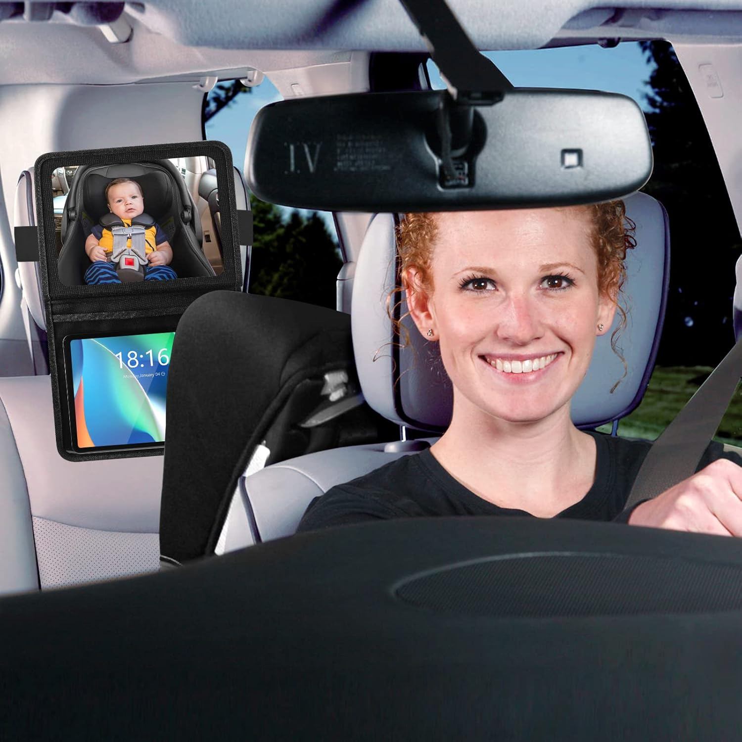 Baby Car Mirror with Adjustable Tablet Holder, Road Trip Essentials for Kids, Backseat Mirror to See Rear Facing Infant, Ipad Case for Car Headrest image number 1