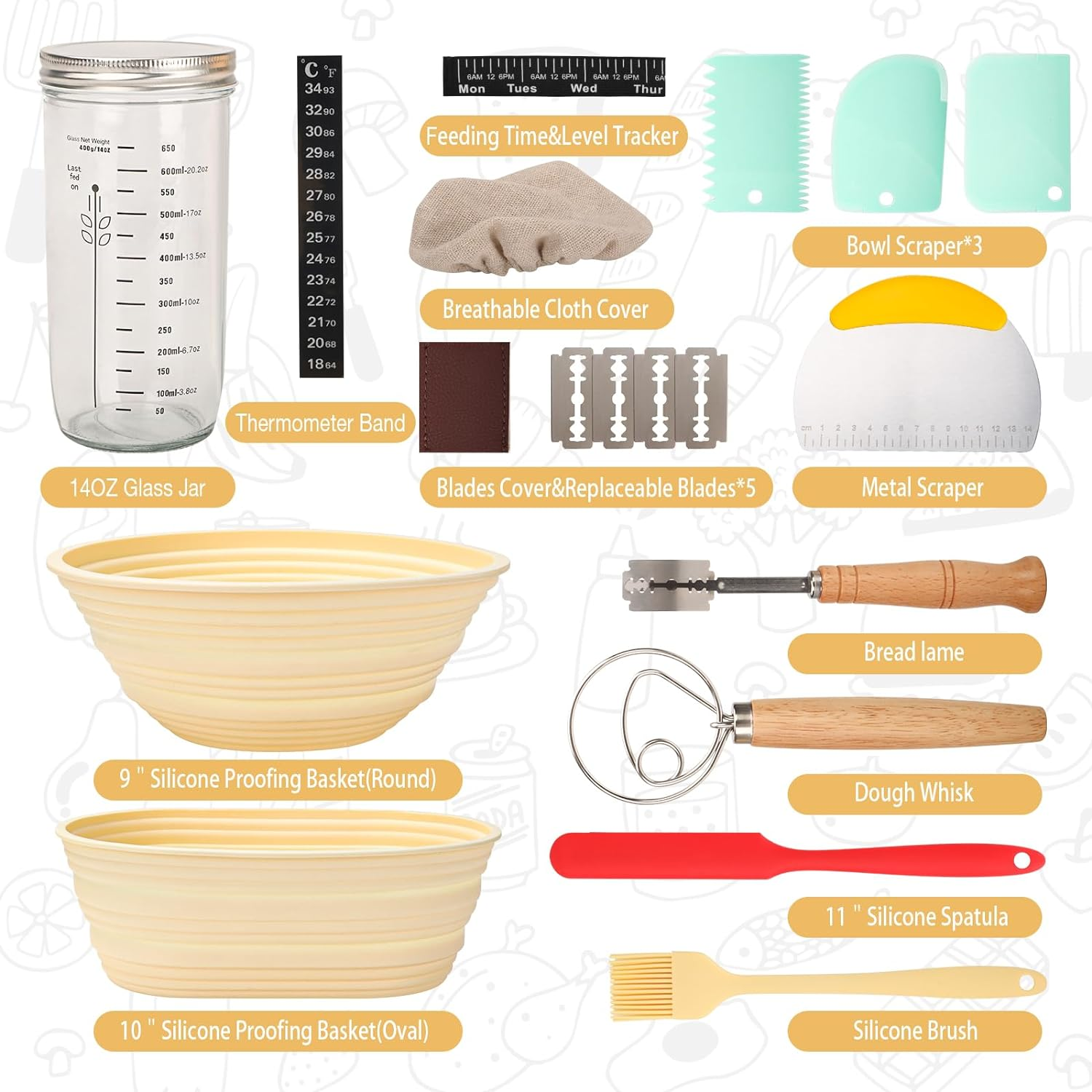 Sourdough Starter Kit Bread Baking Supplies Bread Proofing Basket 9 Inch round & 10 Inch Oval Bread Proofing Basket, 24Oz Jar (700Ml Glass, round and Oval Basket) - 1000Ml Glass And Two Round Basket image number 3