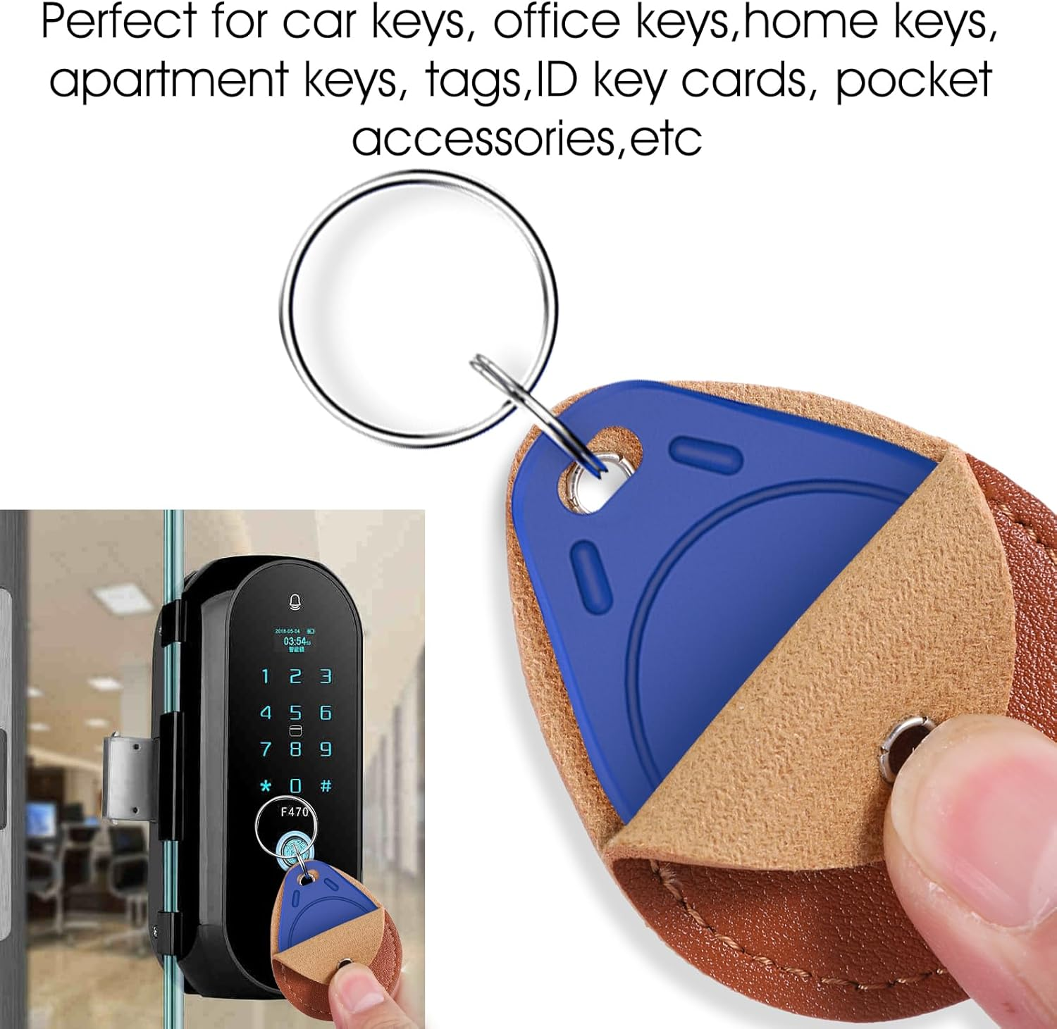 Key Fob Holder Leather, 8Pcs Drop Shaped Keychain Holder with Metal Rings, Colorful PU Keyring for Keys ID Key Cards