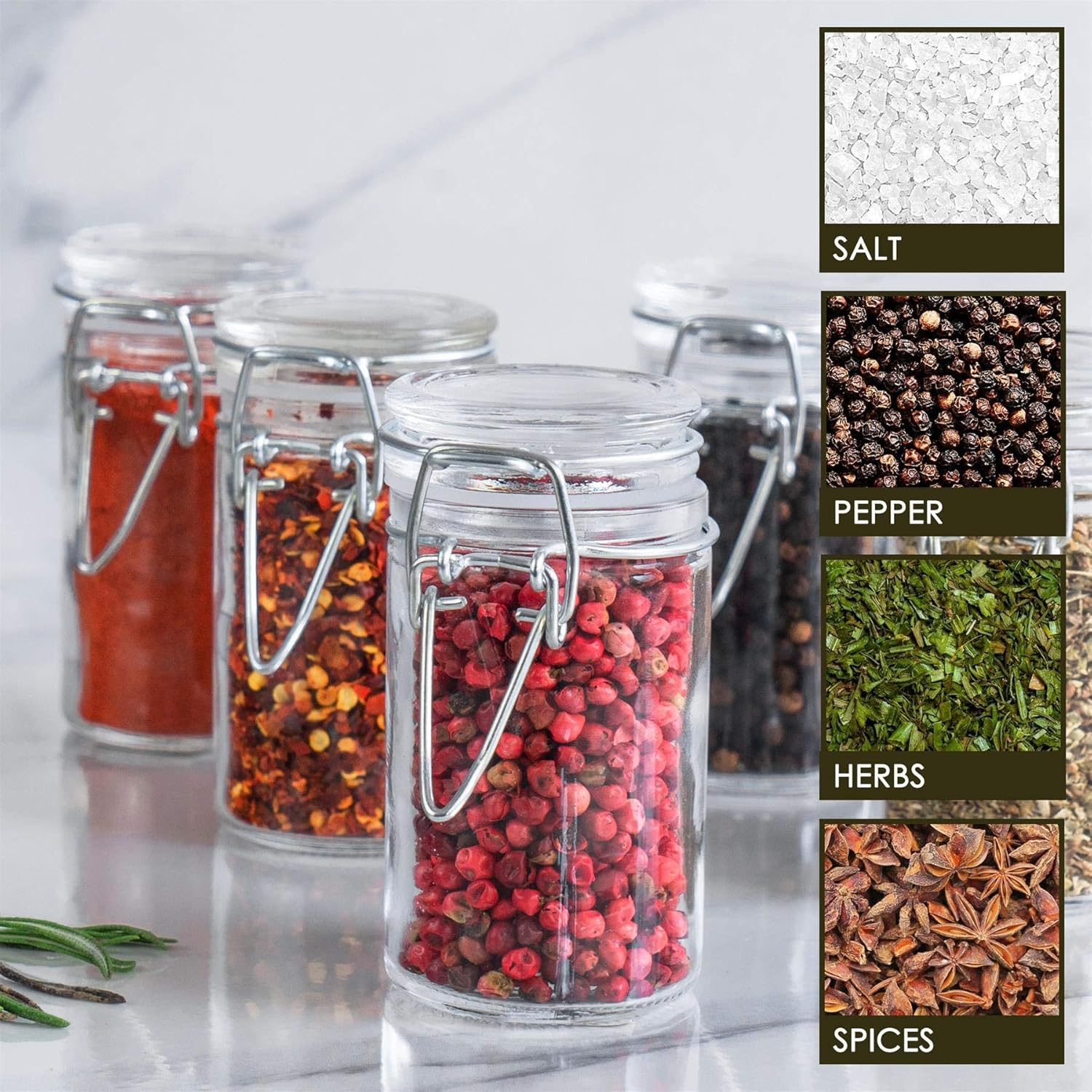 Argon Tableware Glass Spice Jars with Airtight Metal Clip Lid - 70Ml/2.5Oz - 3 Pack - 4 Colour Seals - Small Kitchen Storage Container round Preserving Jar for Spice, Seasoning image number 3