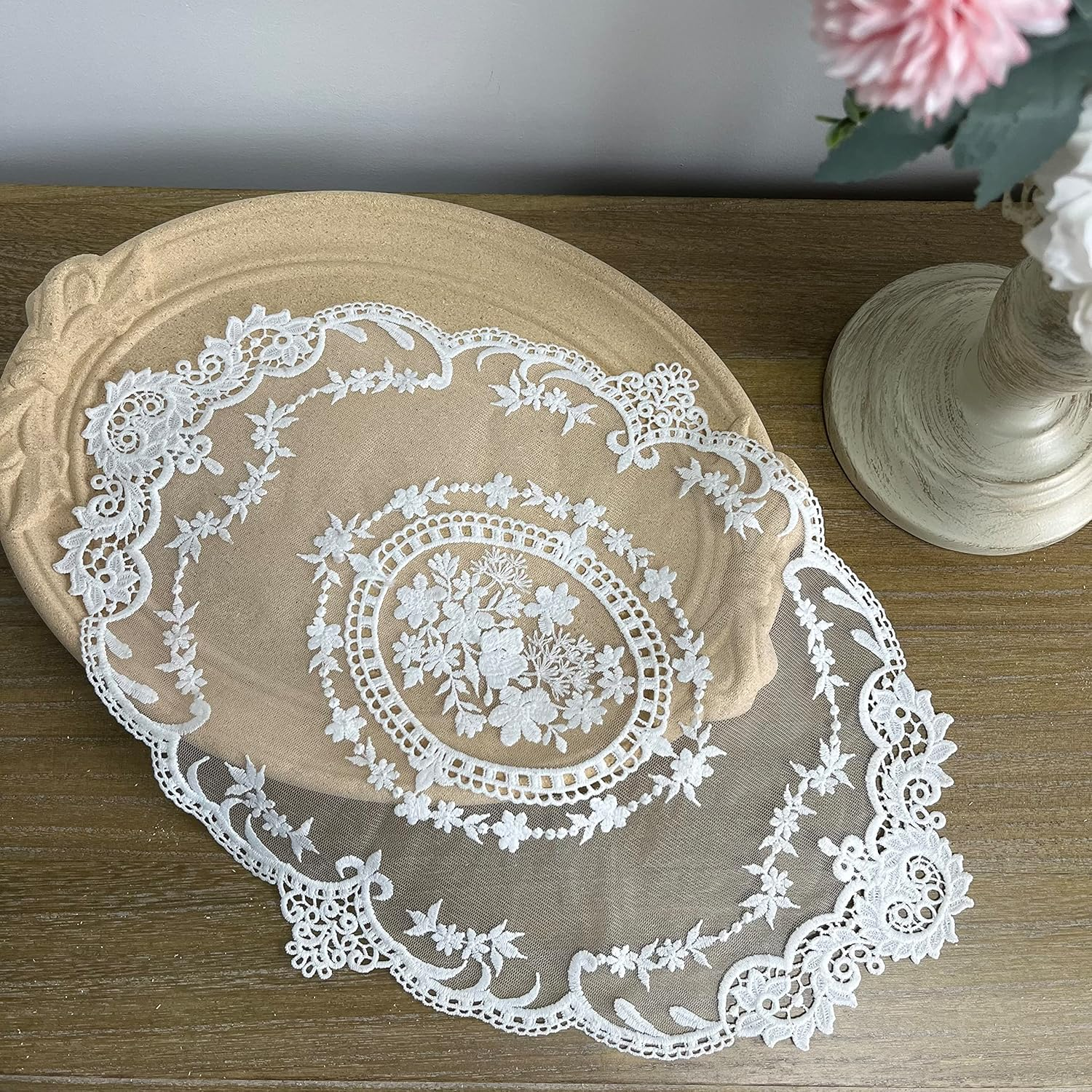 2PACK Retro French Style Lace Placemats Fashionable Embroidered Cup Mat Vase Mat 16.5&rdquo;X11.6&rdquo;,White image number 1