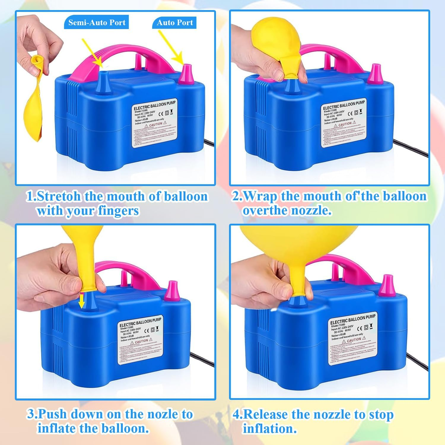 NOAEOU Electric Balloon Pump, Dual Nozzle 220V-240V 600W Balloon Inflator Portable Air Pump Balloon Blower with Tying Tool for Party Decorations image number 2